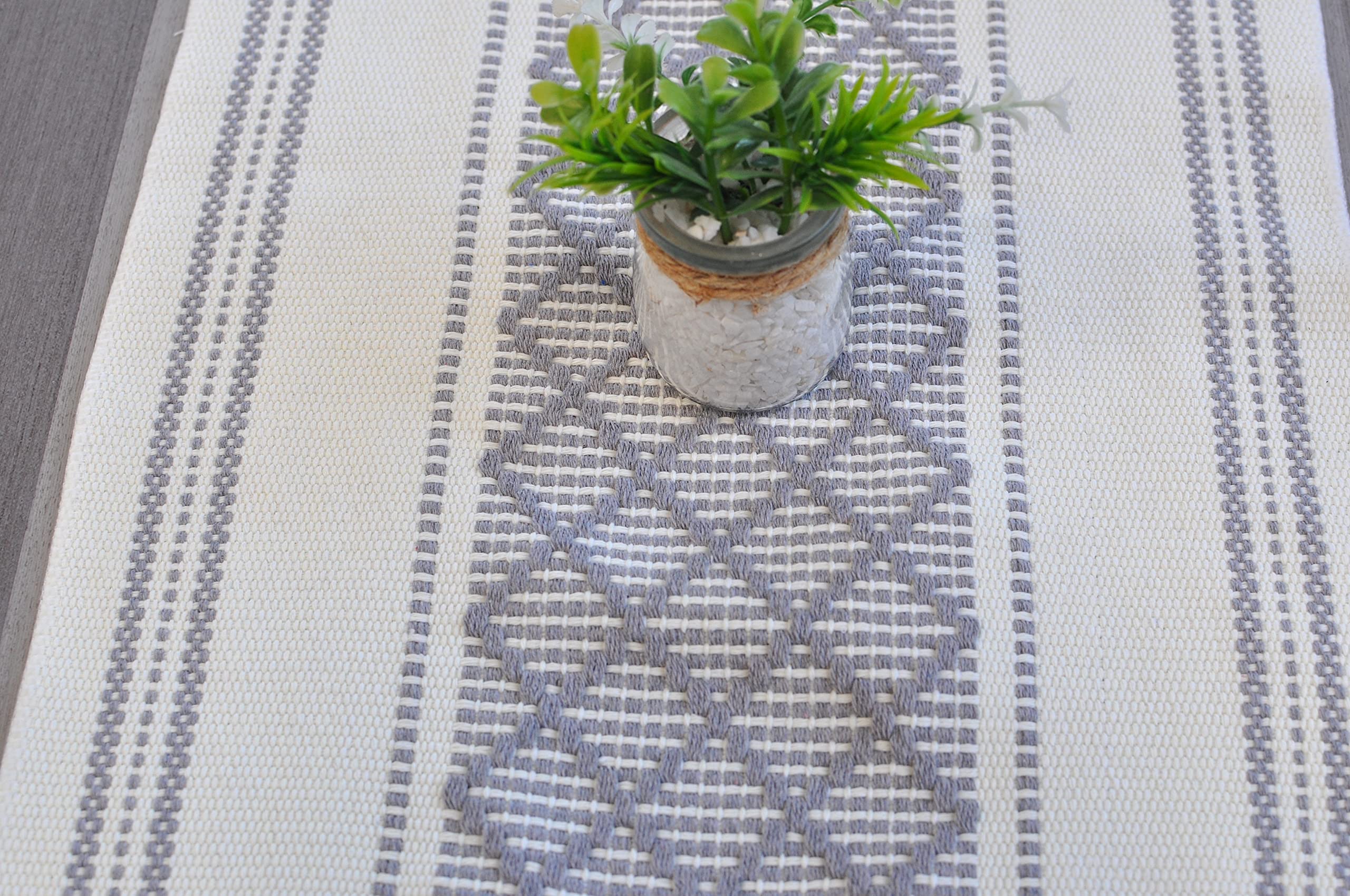 Oveesha Boho Table Runner With Tassel 14 X 72 Inches, Grey & Cream, Woven Washable Dresser Scarf And Topper For Bedroom, Farmhou