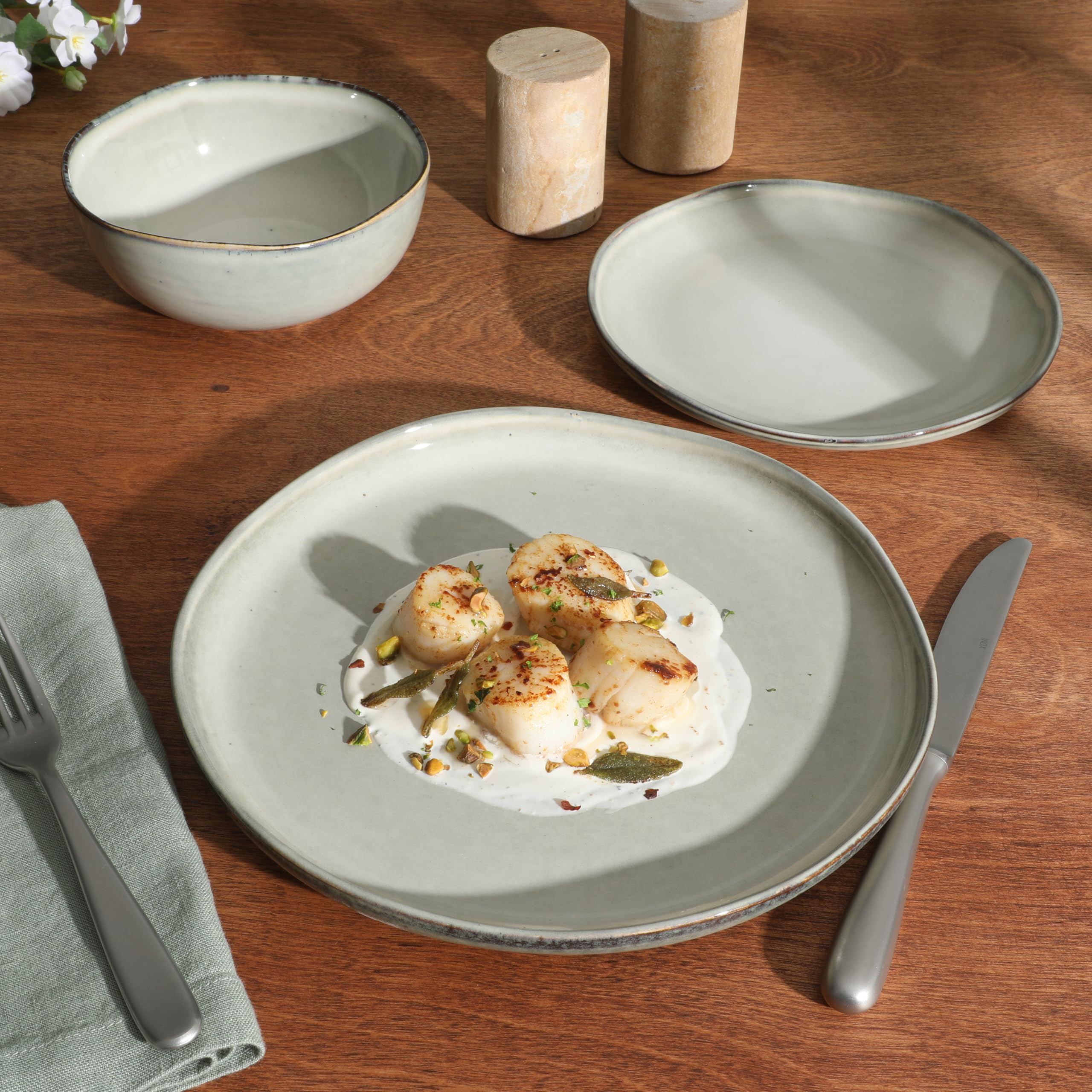 Gibson Soho Lounge Nardini 12 Piece (Service for 4) Plates and Bowls Reactive Glaze Dishes Stoneware Ceramic Dinnerware Set - Mo
