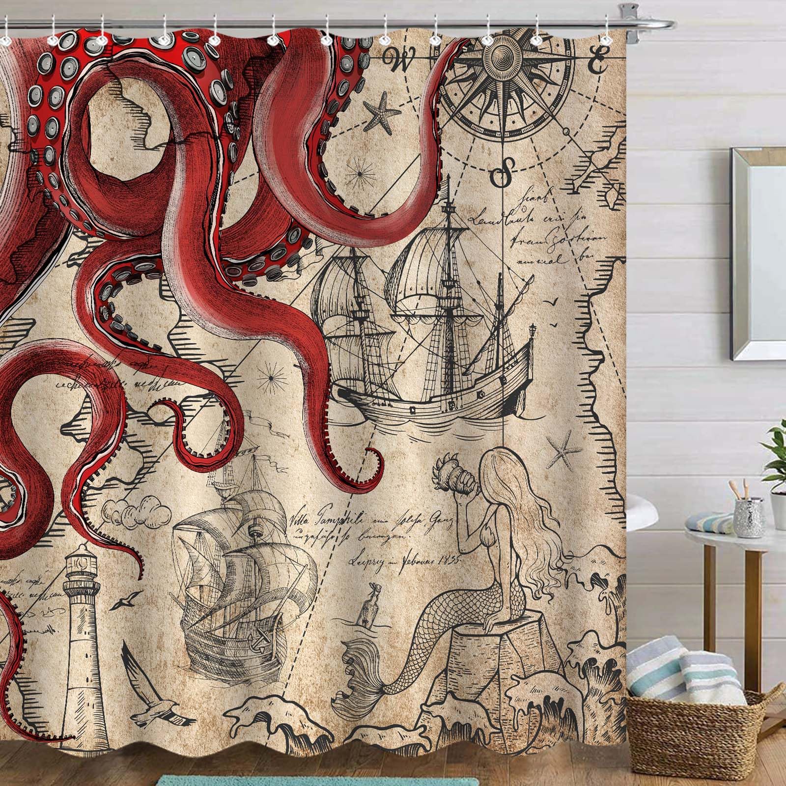 Fungarth 84 Inch Extra Long Vintage Red Nautical Octopus Shower Curtain Mermaid Funny Ocean Kraken Shower Curtains For Bathroom