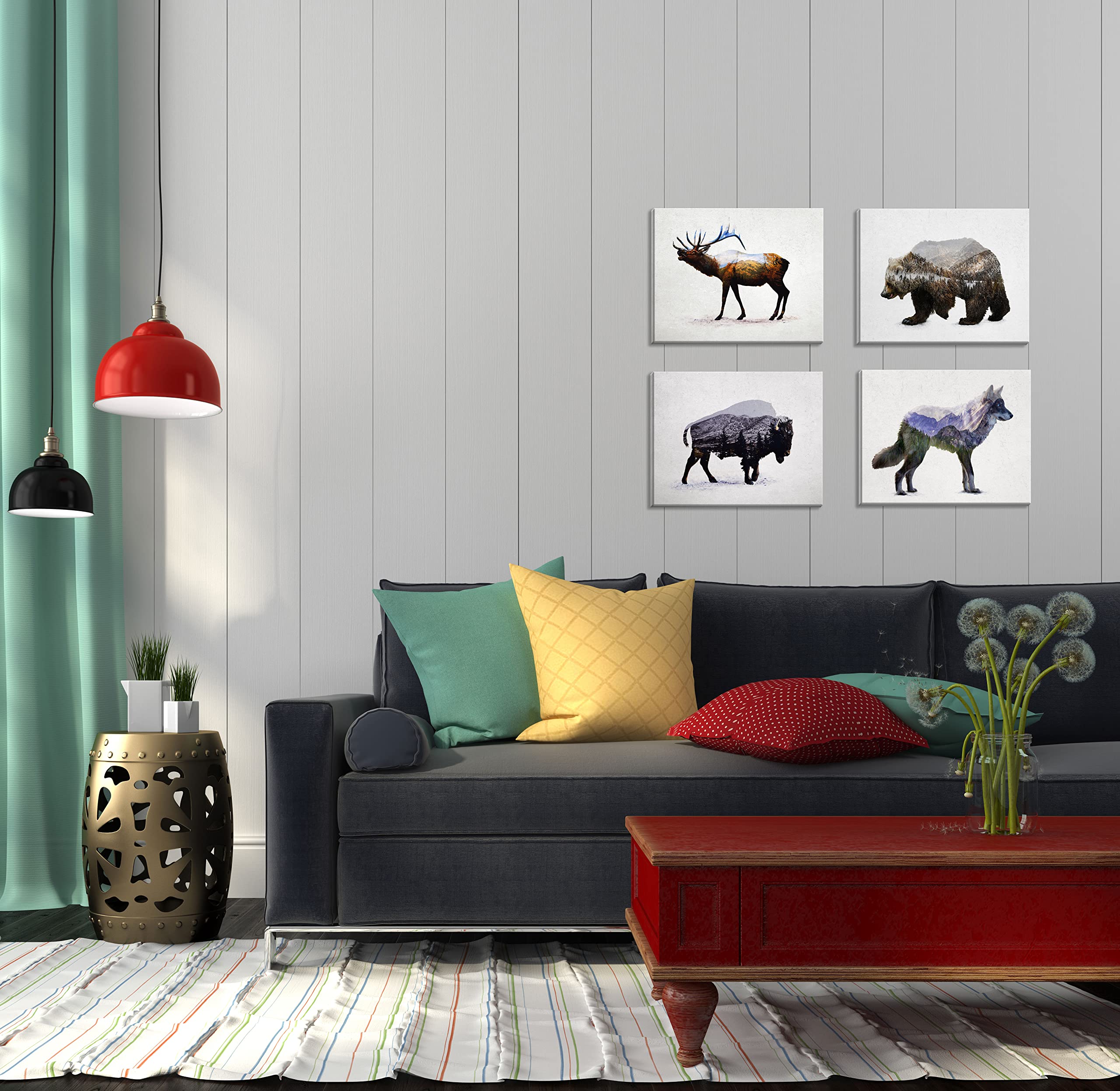 Rustic Elk, Bison, Wolf And Bear Landscape Set; Cabin Lodge Decor; Four 10X8In Hand-Stretched Canvases