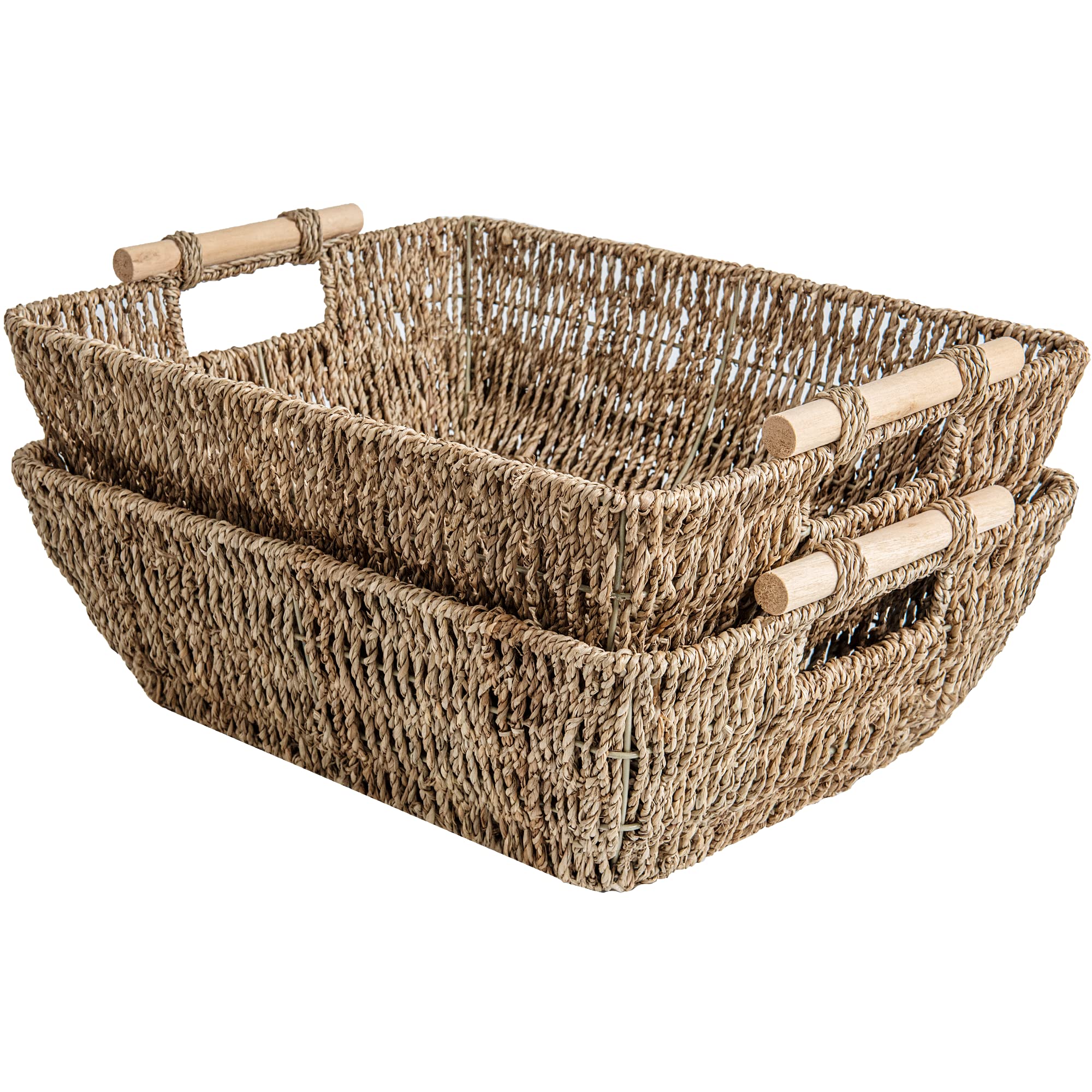 Storageworks Hand-Woven Jumbo Storage Baskets With Wooden Handles, Seagrass Wicker Baskets For Organizing, 2-Pack