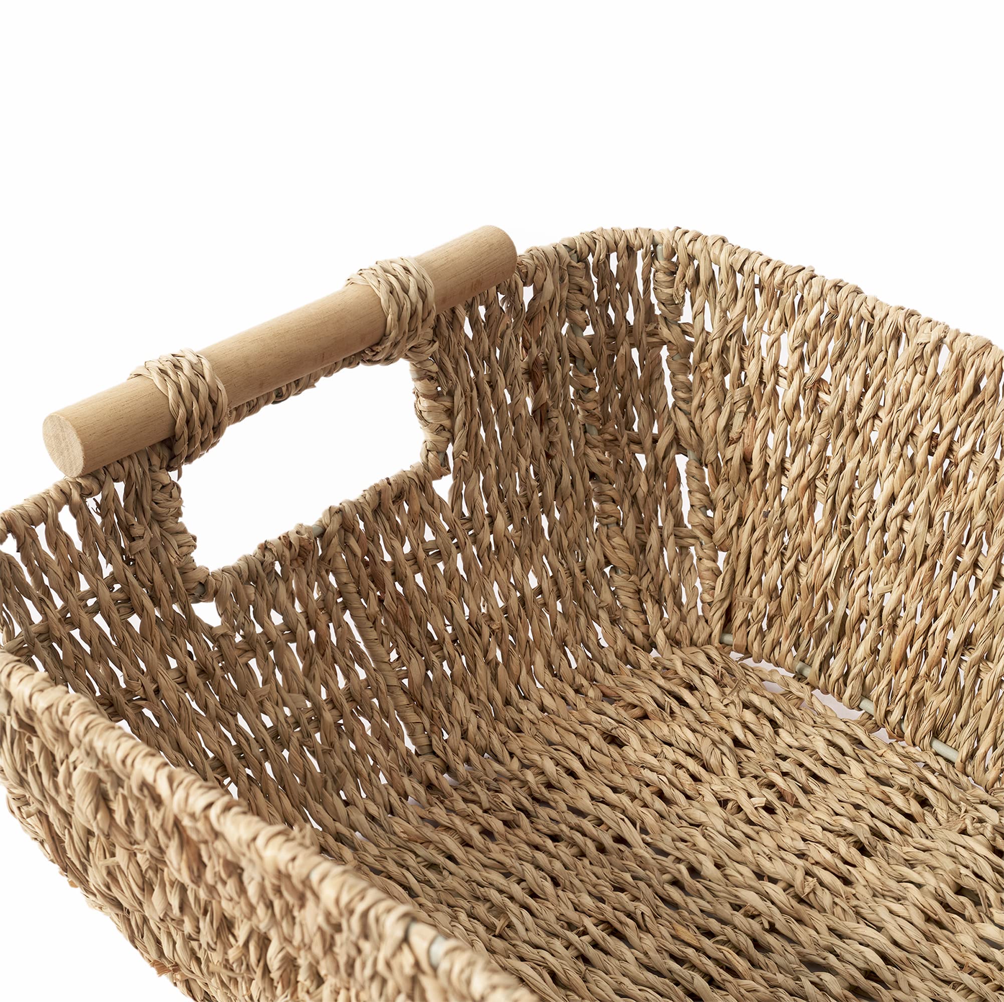 Artera Shallow Wicker Storage Basket - Medium Woven Seagrass Baskets With Wooden Handles For Bathroom, Kitchen Pantry Organizing