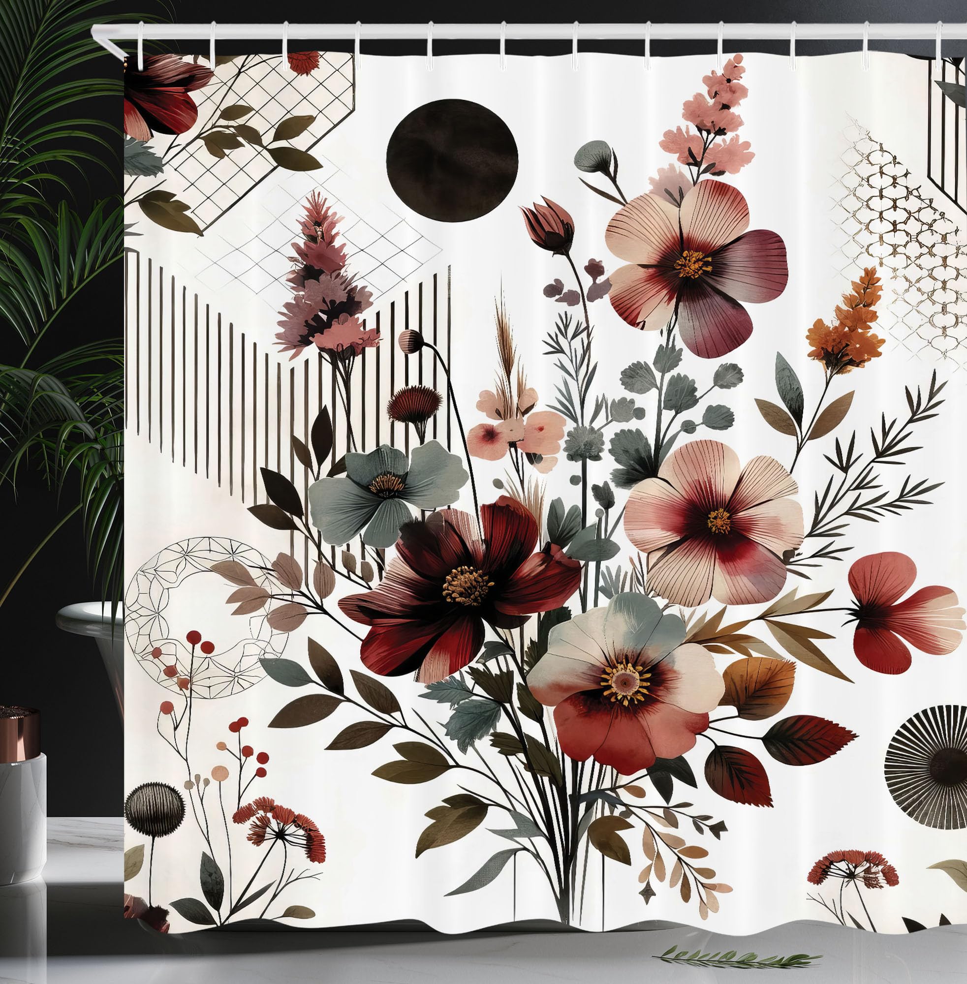 Ambesonne Floral Shower Curtain, Mid Century Modern Rounds Chevrons And Stripes Ornate Leafy Wildflowers, Cloth Fabric Bathroom