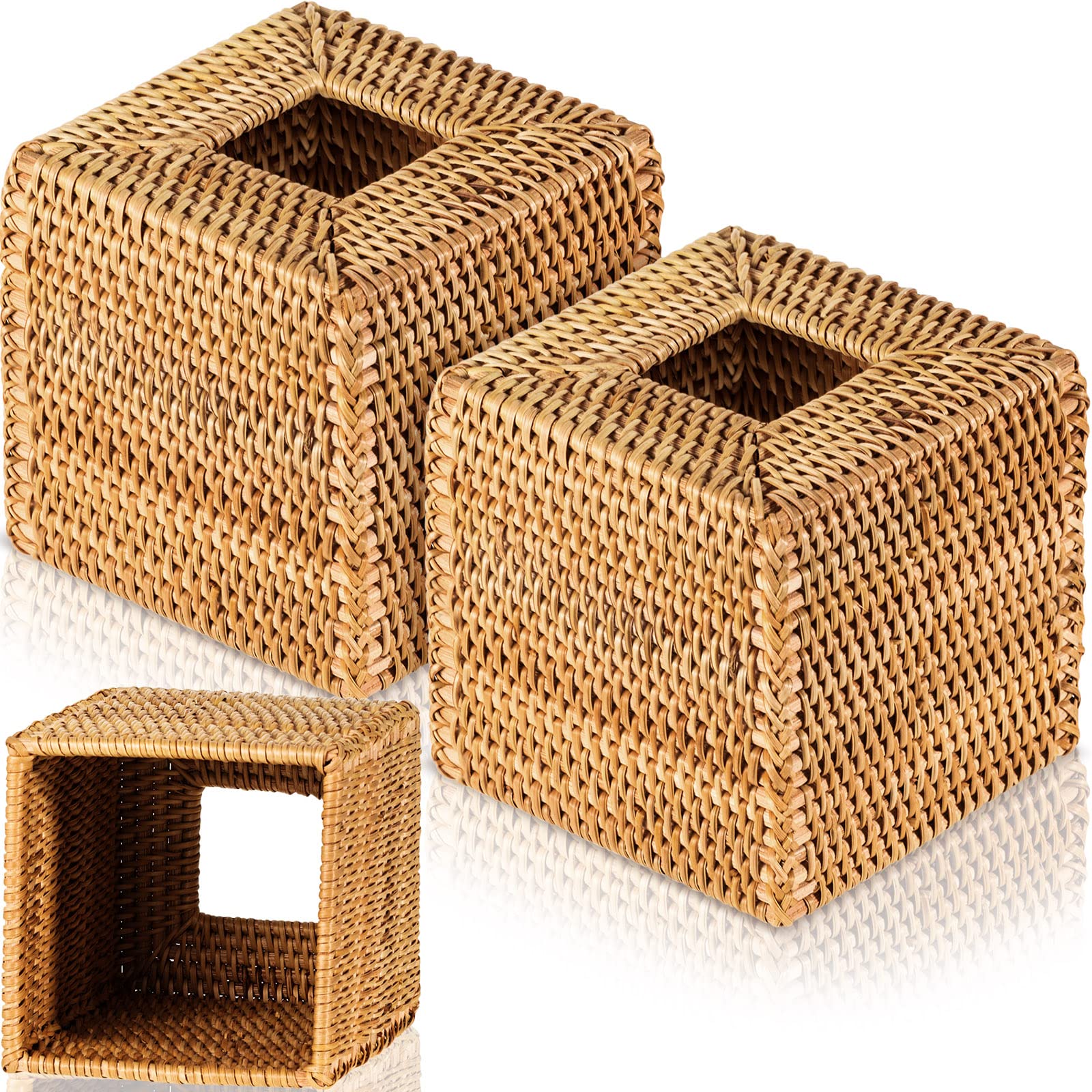 Kigley 2 Pcs Square Rattan Tissue Box Cover Boho Wicker Tissue Cube Box Cover Decorative Natural Wicker Hand Woven Napkin Box Ho