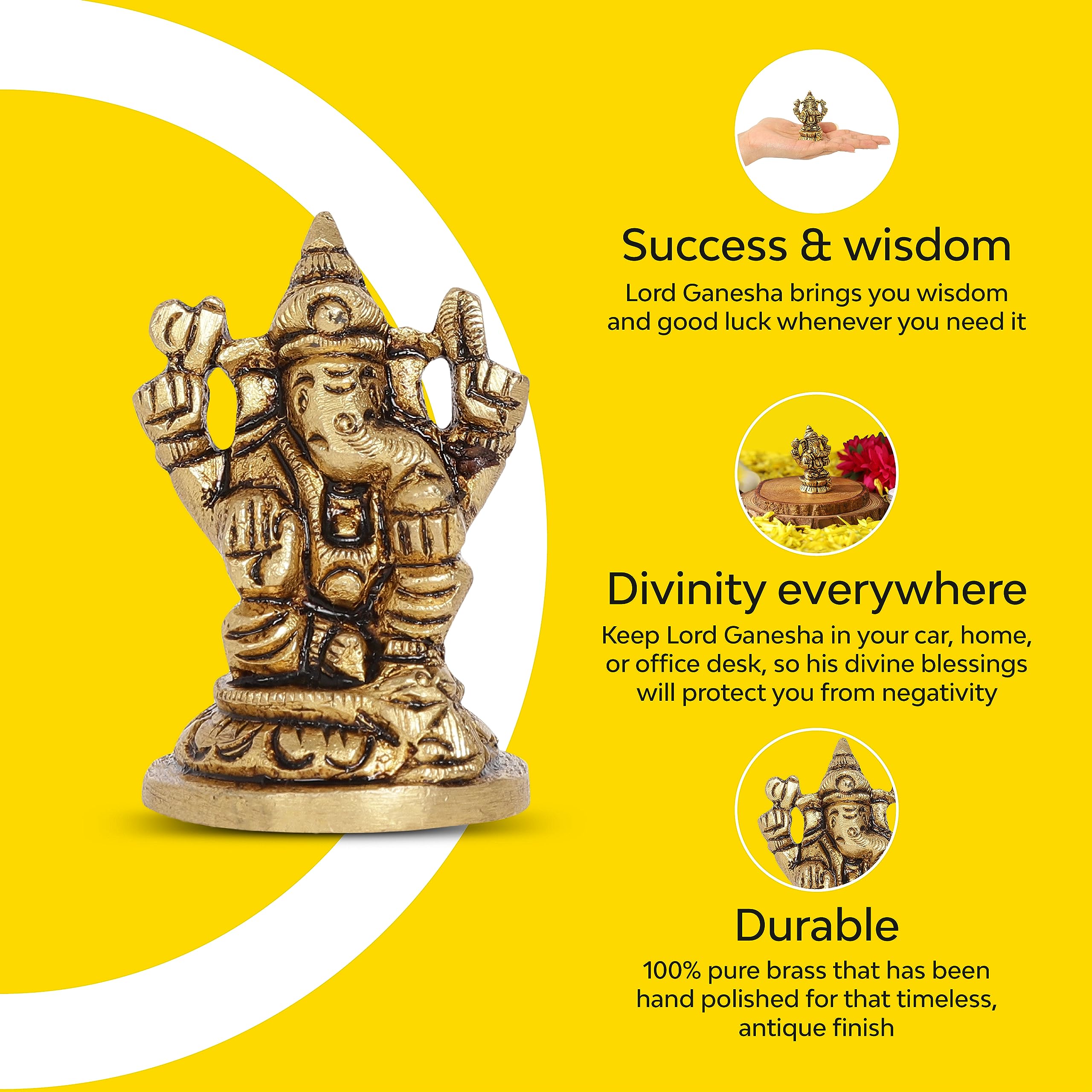 10Club Lord Ganesha Idol - 1Pc - 100% Pure Brass | Ganesh Unique Design with a Round Base for Desk, Car, and Home Dcor | Yellow