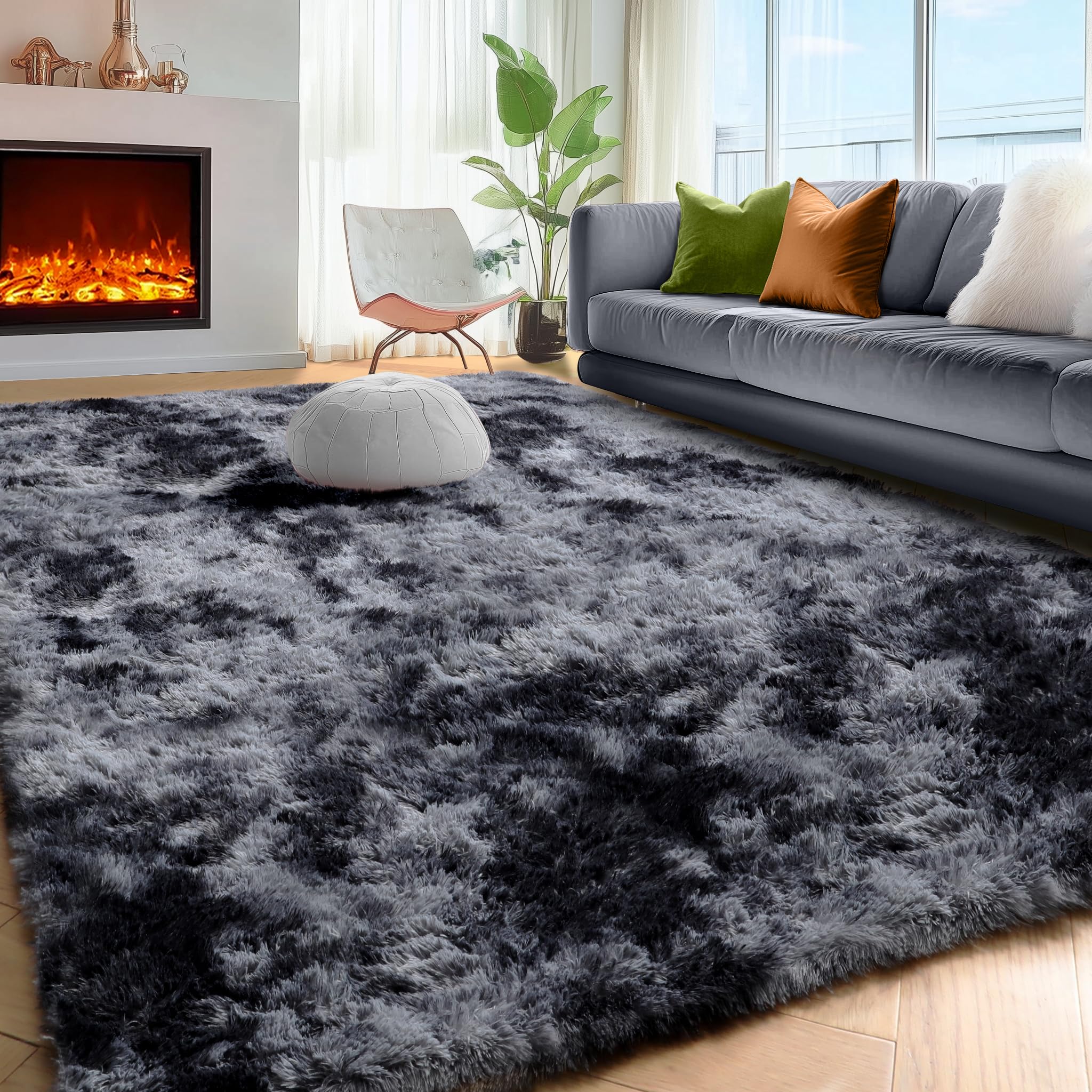 PAGISOFE Abstract Soft Shaggy Rugs for Living Room 5x8 Ft,Tie-Dyed Grey Fluffy Washable Rugs for Kids Room Furry Carpets for Bed