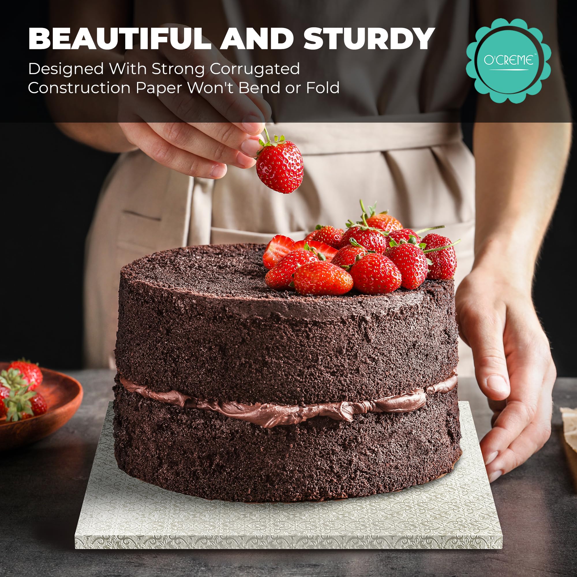 Ocreme Cake Board, Silver Foil Square Cake Drum With Gorgeous Design, Sturdy & Durable 1/2    Thick Cake Drums, Square Cake Boar