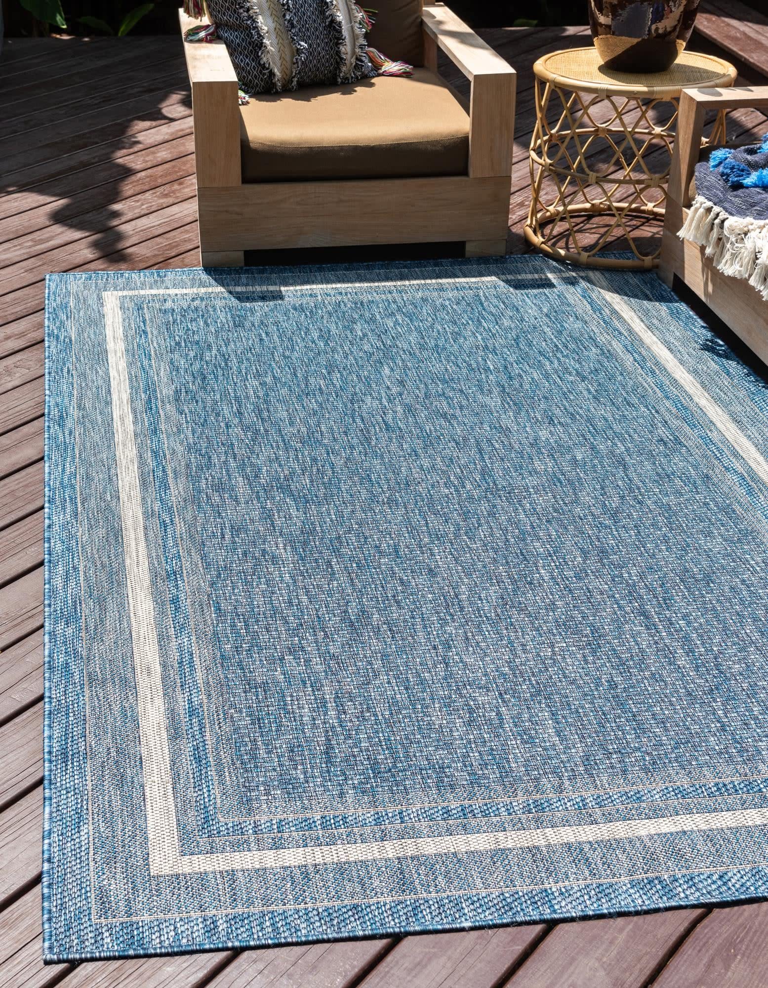 Unique Loom Outdoor Border Collection Casual Solid Border Transitional Indoor And Outdoor Flatweave Blue/Beige Area Rug (10 0 X