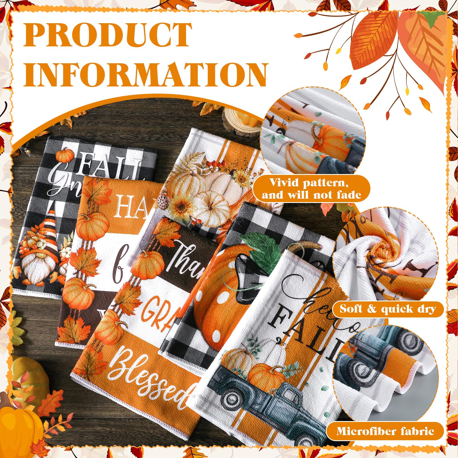 Windkream 6-Piece Fall Thanksgiving Kitchen & Bath Towels - Pumpkin Buffalo Plaid 21.26 x 14.17 Inches Autumn Tea Towels for Kit