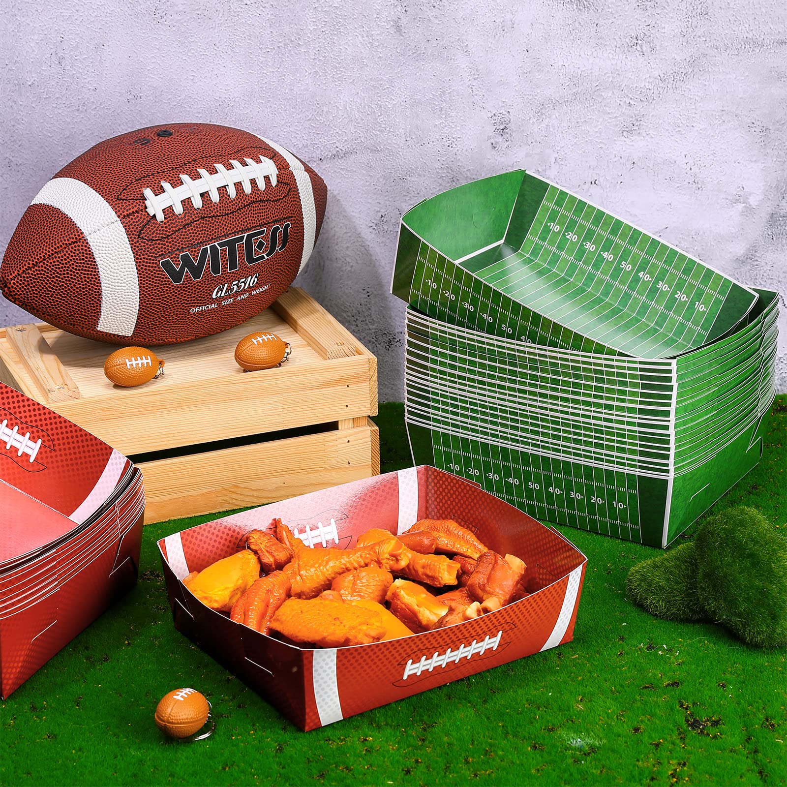 Sawysine 36 Pack Football Party Favors Large Football Plates 5 Lb Paper Trays Serving Tray Football Party Nachos Food Boats Disp