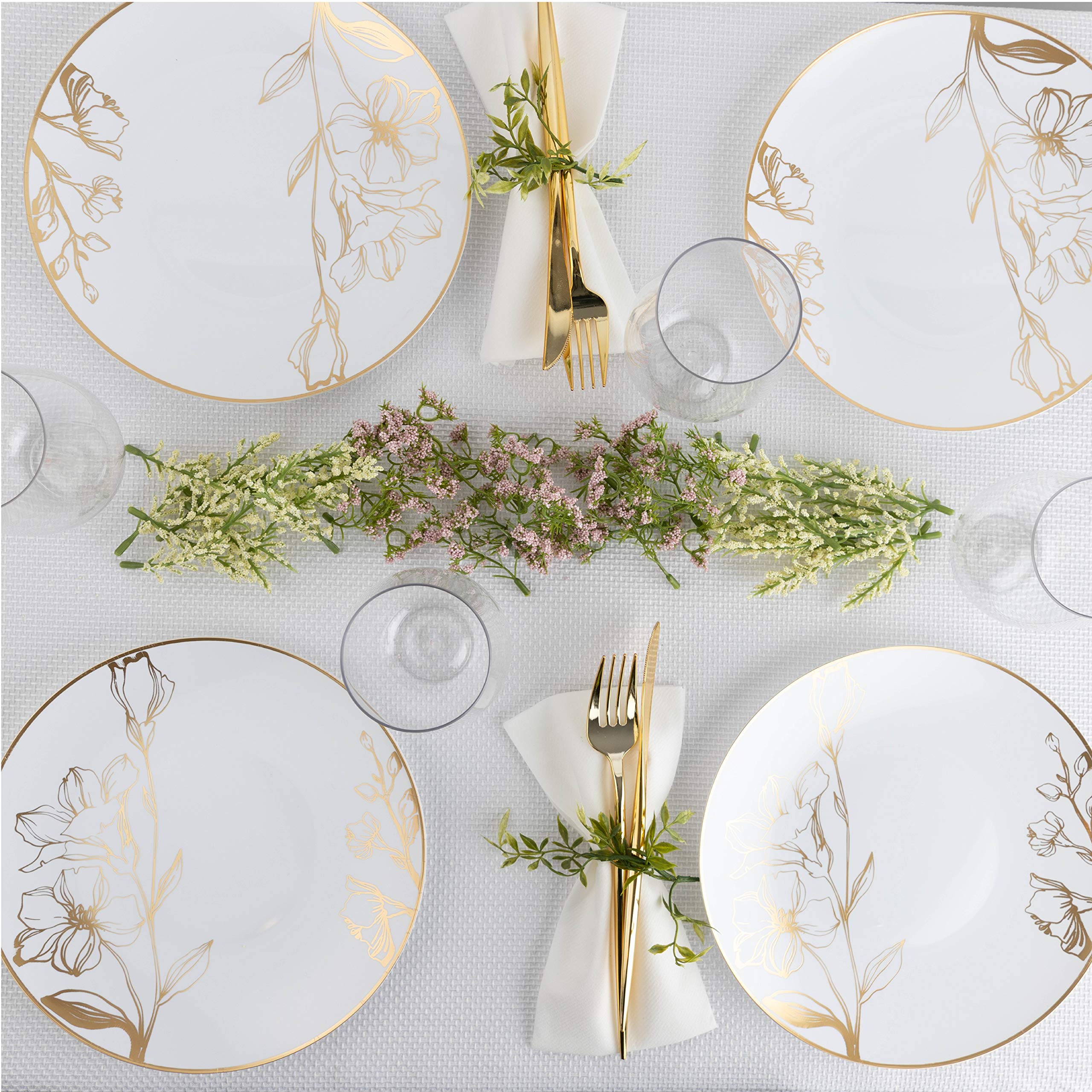 Plasticpro White Plastic Floral Design Party Plates With Gold Rim Premium Heavyweight Elegant Disposable Tableware Dishes (120,