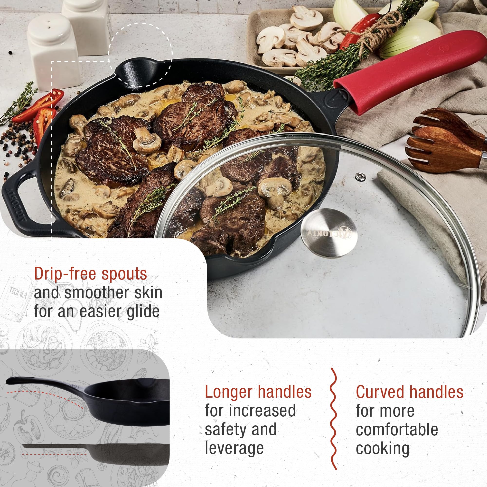 Victoria 12-Inch Cast Iron Skillet Set With Tempered Glass Lid, Large Handle Cover, And Pan Scraper