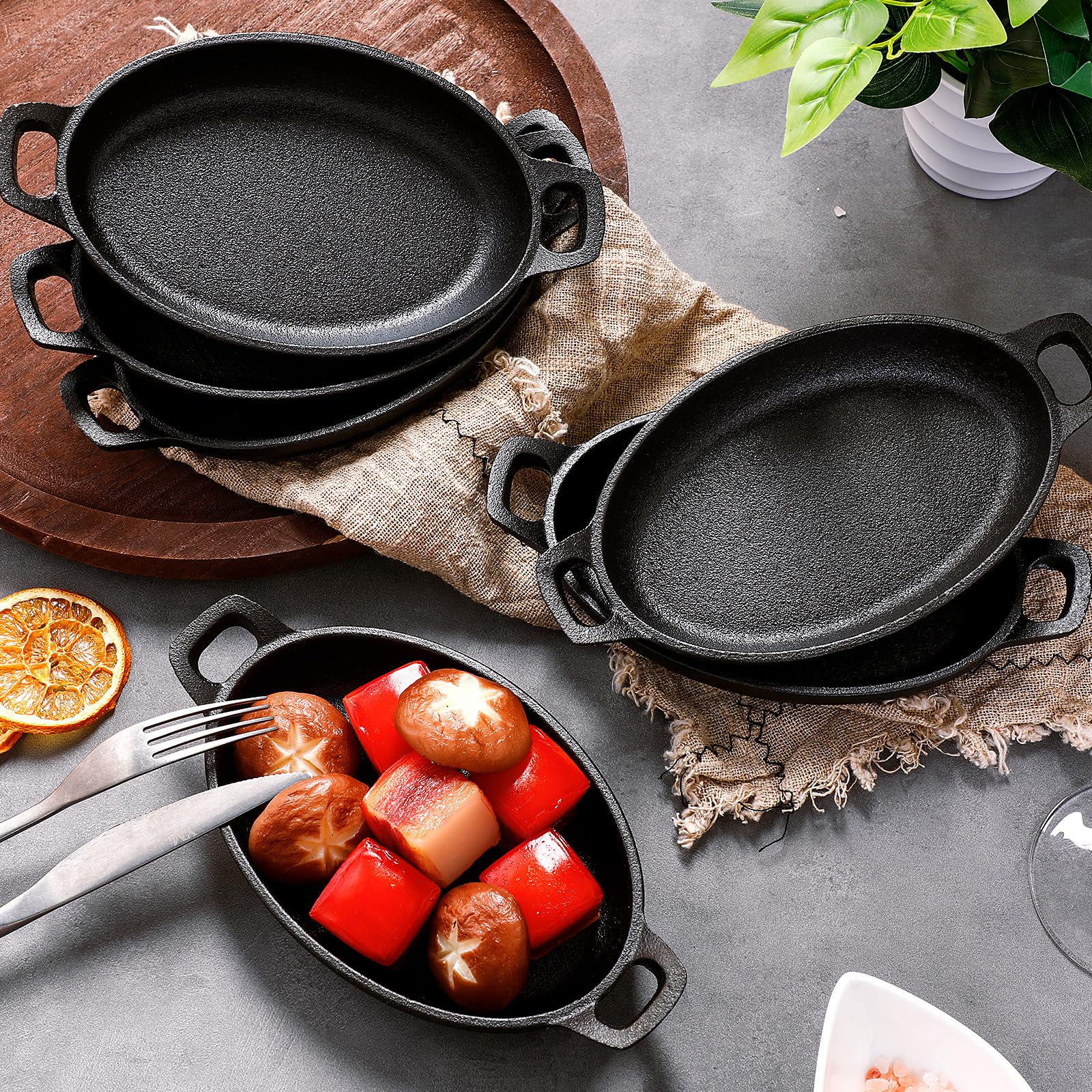 Mifoci 12 Pcs 16 Oz 8.7'' X 4.7'' Oval Serving Dish Mini Cast Iron Skillet Cast Iron Baking Pan Sizzling Plate Matte Black Grati