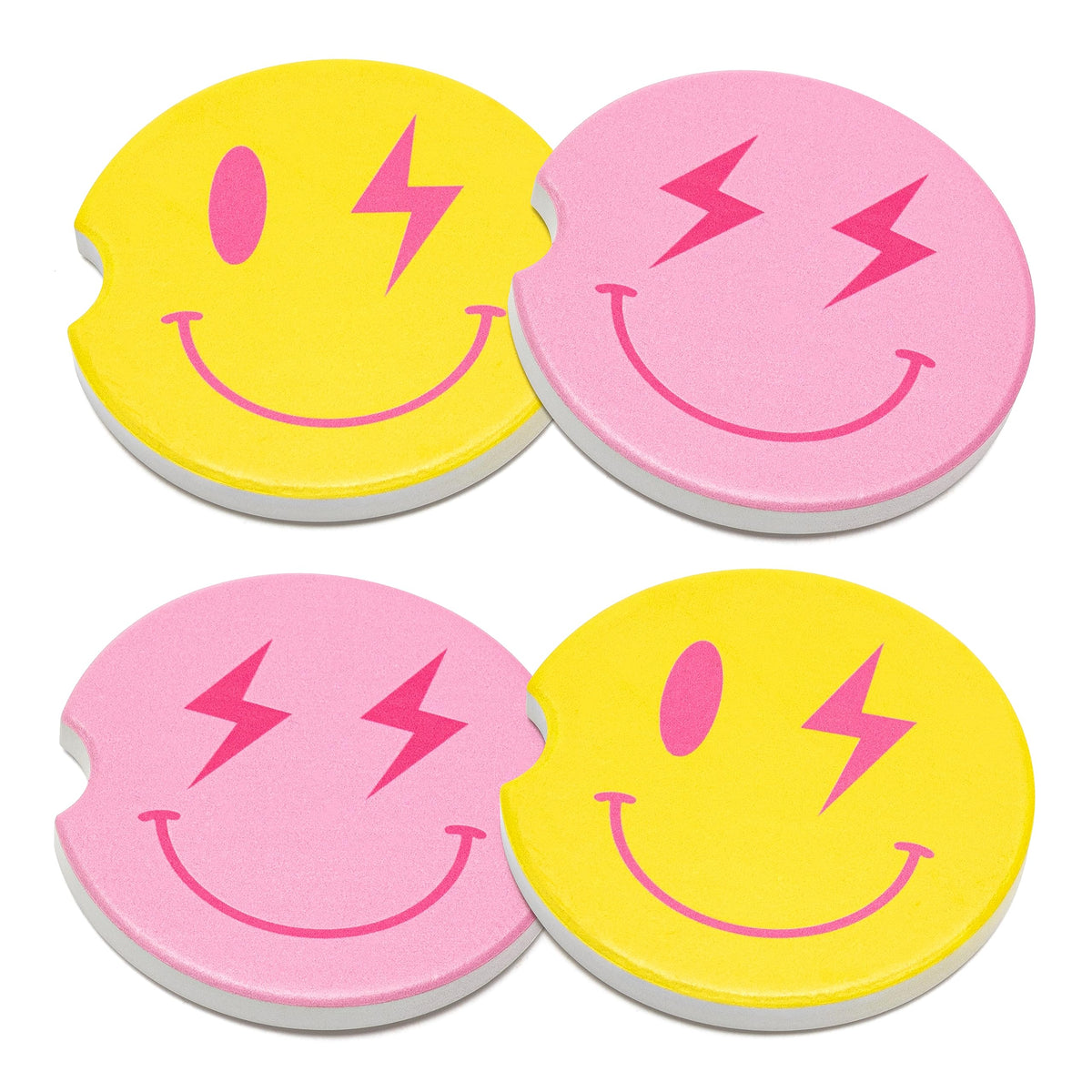G1Ngtar 4Pcs Preppy Car Coasters With Finger Notch Aesthetic Lightning Bolt Face Shaped Absorbent Ceramics Heat Resistant Anti S