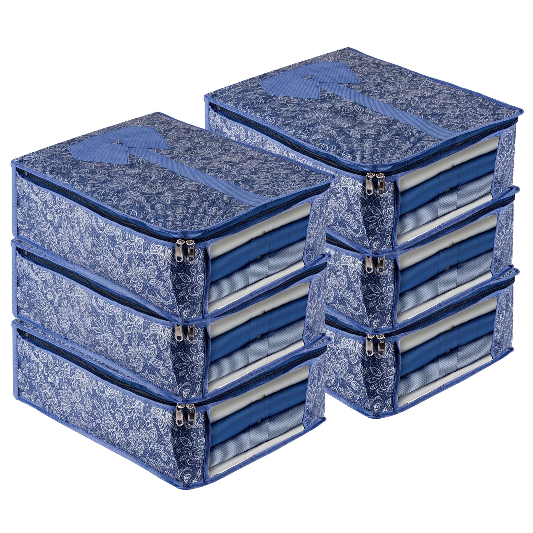 Kuber Industries Shirt Storage Bag | Wardrobe Organizer  Visible Window Shirt Cover  Flower Printed  Pack Of 6  Navy Blue