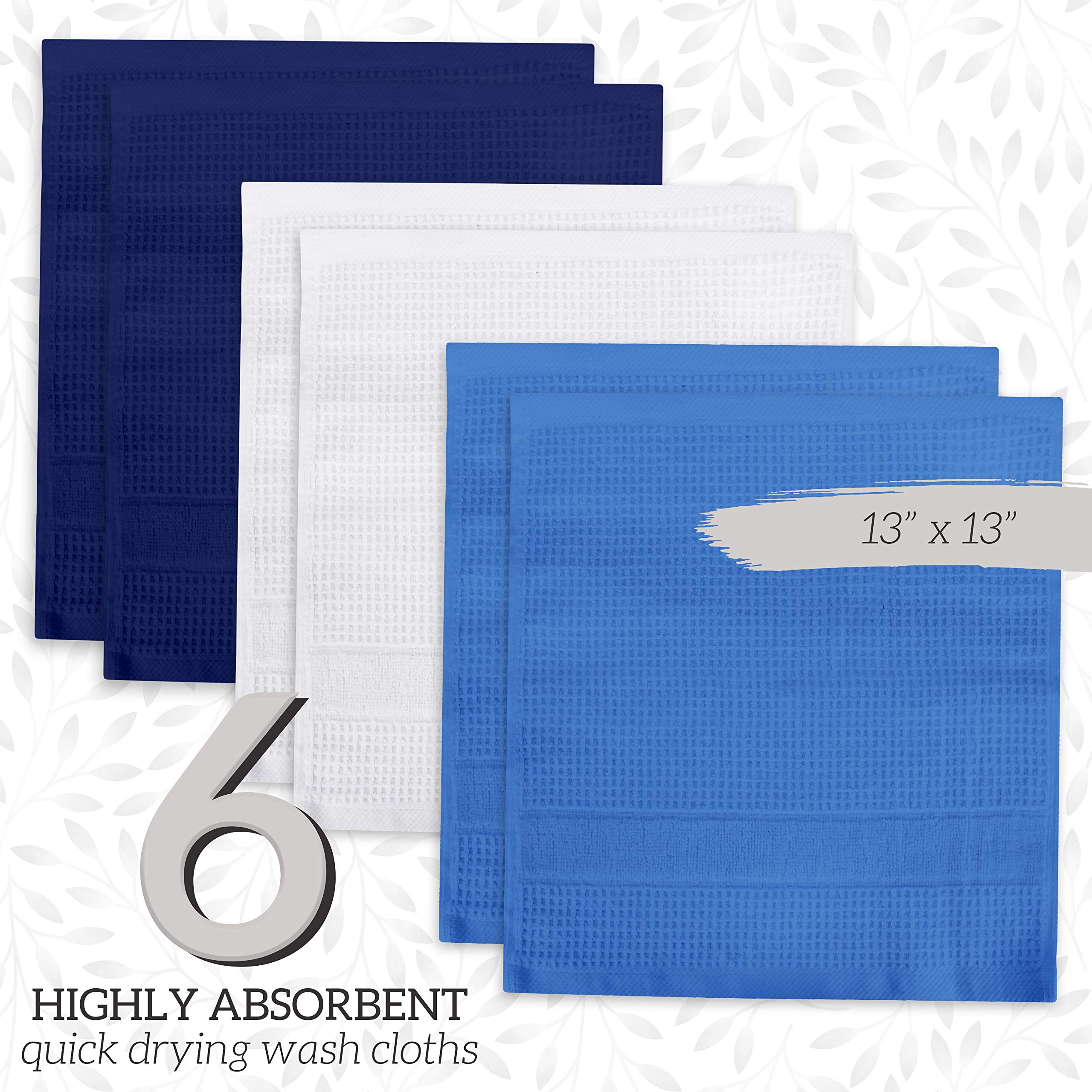 Green Lifestyle 12X12 Inches Waffle Weave Washcloths 6 Pack, Soft, Durable, Highly Absorbent And Luxurious (Blue)