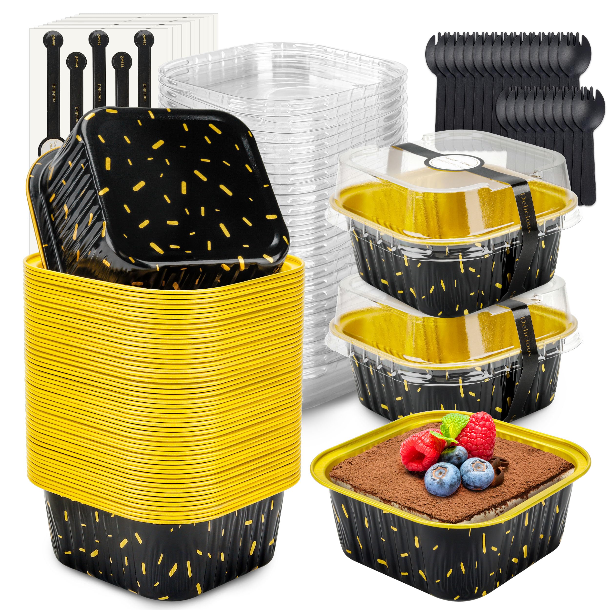 NPLUX 60 Pack Mini Cake Pans with Lids Square Mini Aluminum Pans Pie Tins Flan Containers for Wedding Birthday Party Gift (5OZ, 