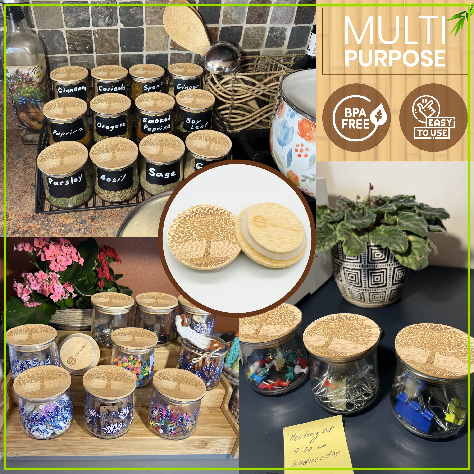 4-24 Lids Set |Tree Of Life Design Or Choose Another | Reusable Bamboo Wood Lids For Yoplait Oui Yogurt Jars With Airtight Seal