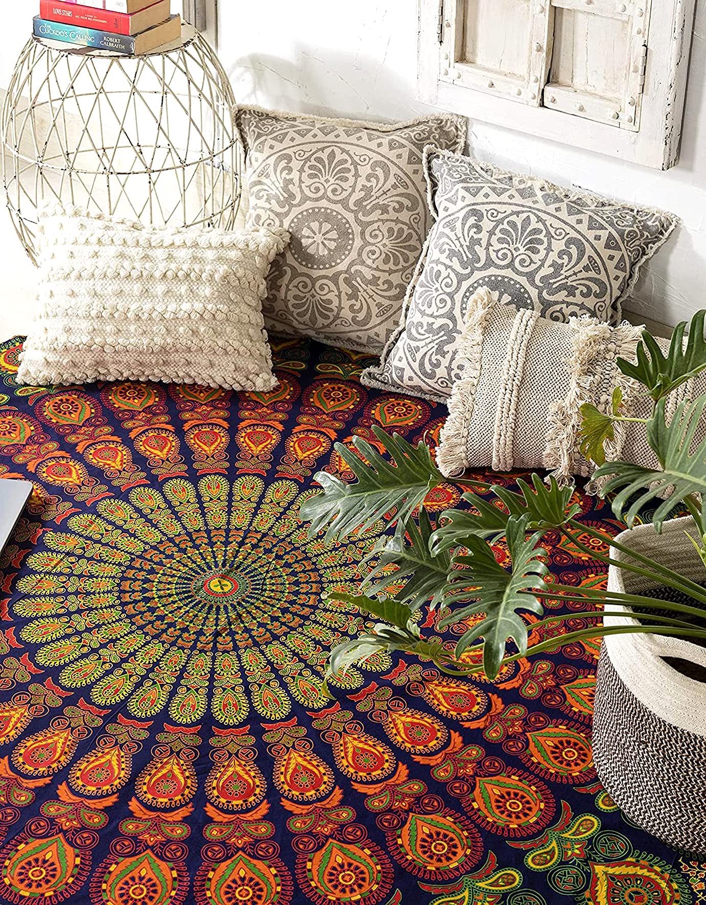 Raajsee Yellow Mandala Round Beach Tapestry Hippie/Boho Beach Blanket/Indian Cotton Throw Bohemian Round Table Cloth/Aesthetic T