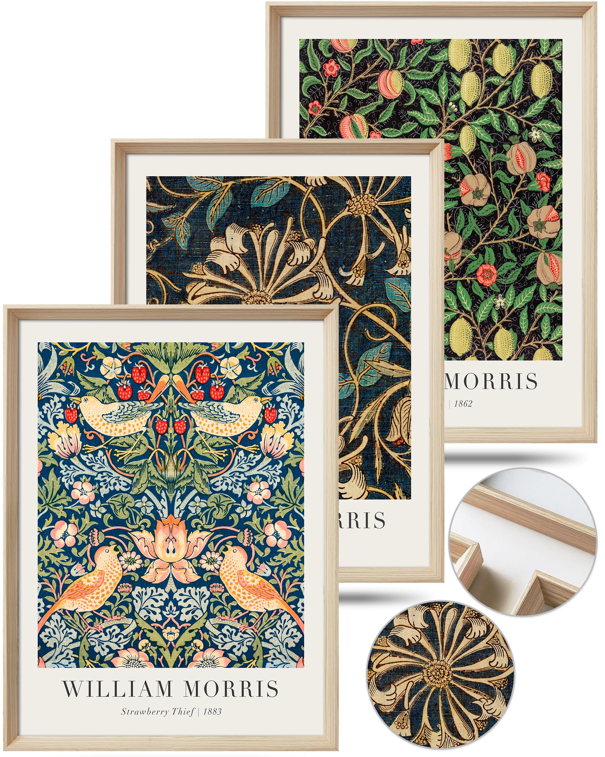 Upwoigh Framed Vintage Wall Art, William Morris Wood Canvas Wall Decor, Gold Strawberry Thief Wall Art, Birds Botanical Cotton P