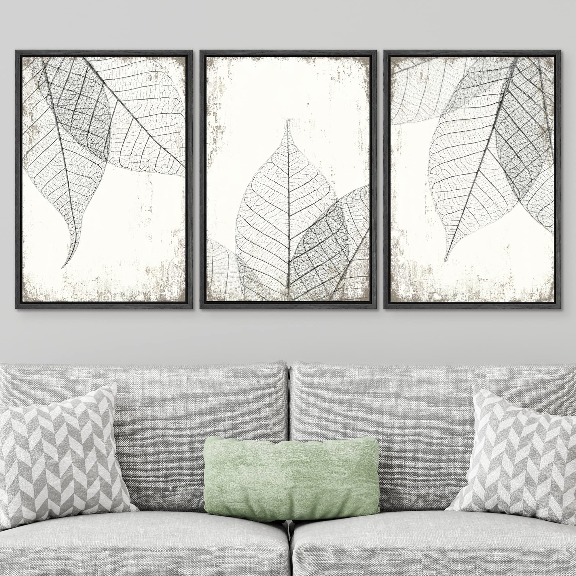 Signwin Framed Canvas Print Wall Art Set Black White Transparent Leaf Collage Nature Wilderness Illustrations Modern Art Rustic