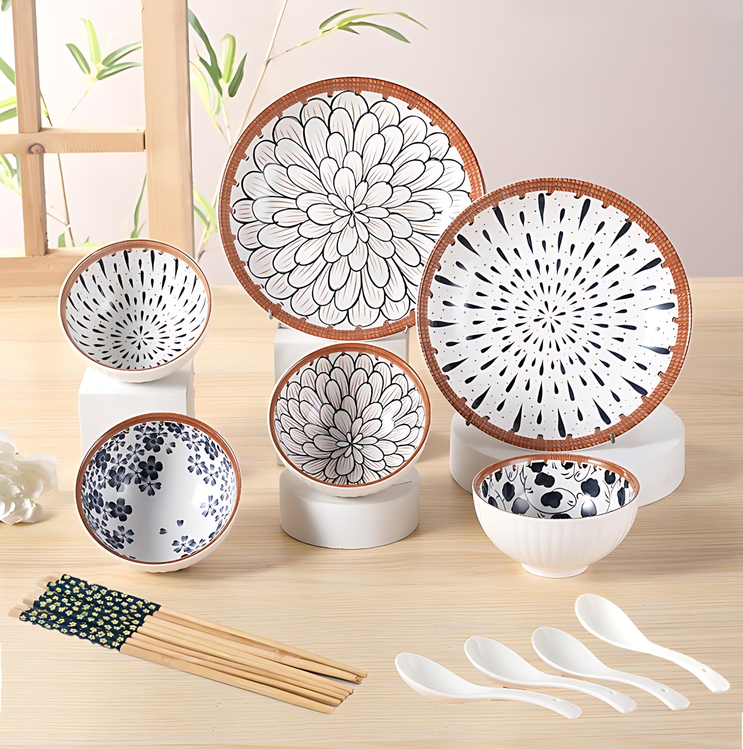 Yomith Ceramic Dinnerware Set, Floral Design Kitchen And Dining Porcelain Serving Dinner Set 2 Plates, 4 Bowls, 4 Soup Spoon & 4