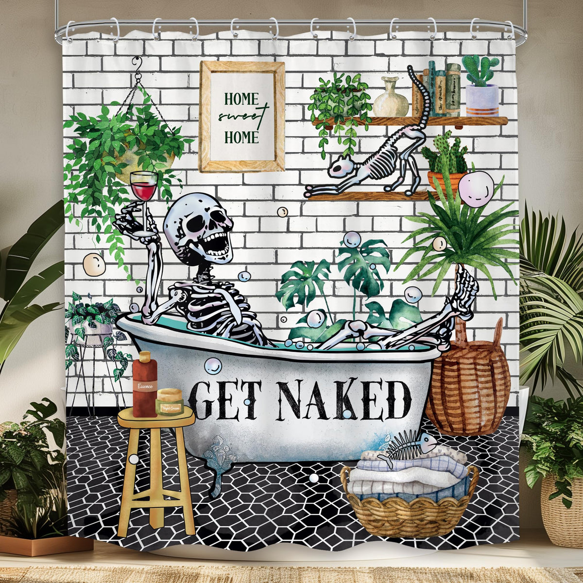 Mitpok Funny Skull Skeleton Shower Curtain 60Wx72H Gothic Rustic Tropical Plant Green Leaves Bone In Buthtub Bubble Cute Cat Bat
