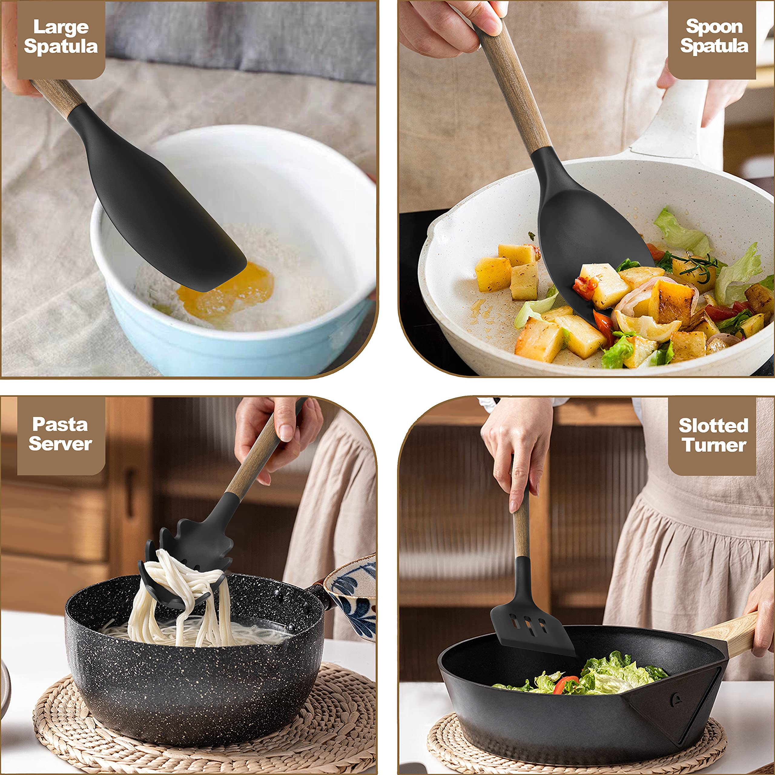 Silicone Kitchen Cooking Utensil Set, 9Pcs Kitchen Utensils Spatula Set With Wooden Handle For Nonstick Cookware, 446F Heat Resi