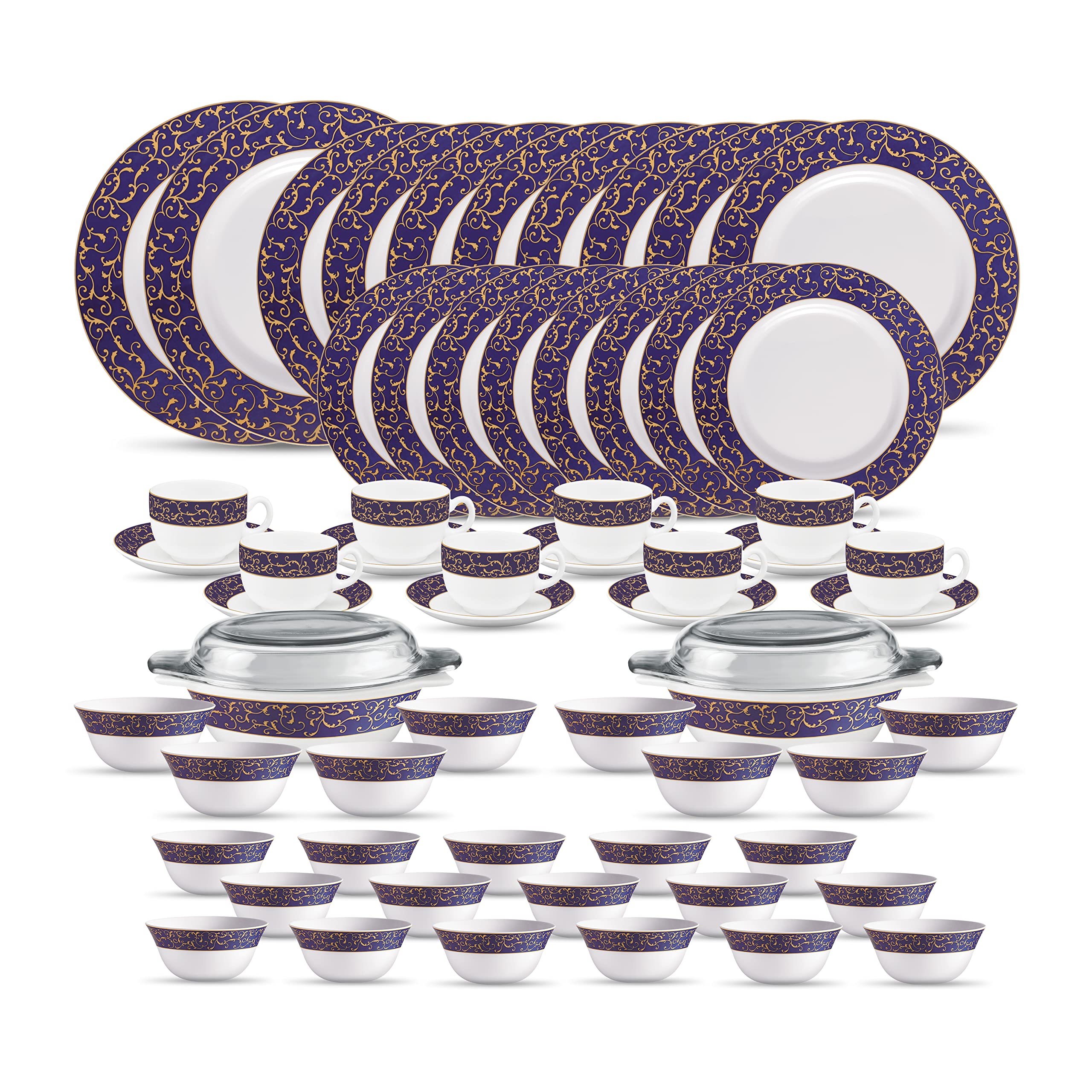 La Opala Diva Sovrana Collection Opal Glass Crockery | For Family Of 8 | Dinner Set 62 Pcs Anassa Blue | Plates & Bowls For Dini