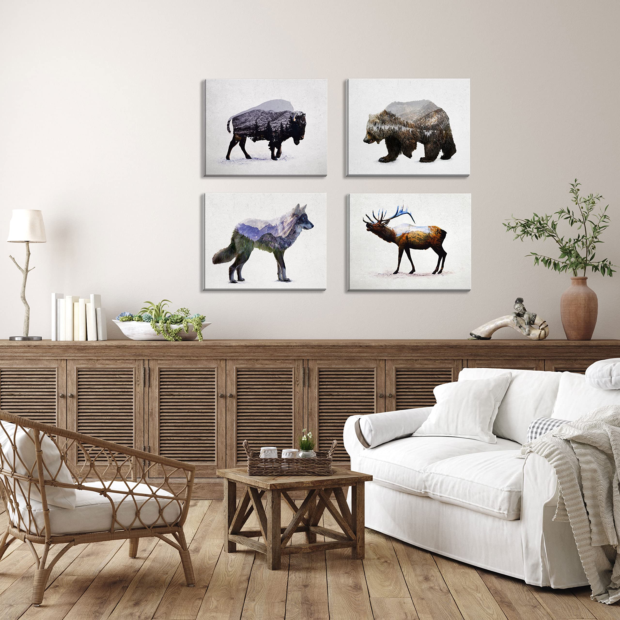 Rustic Double Exposure Elk, Bison, Wolf And Bear Landscape Set; Cabin Lodge Decor; Four 14X11In Stretched Canvases