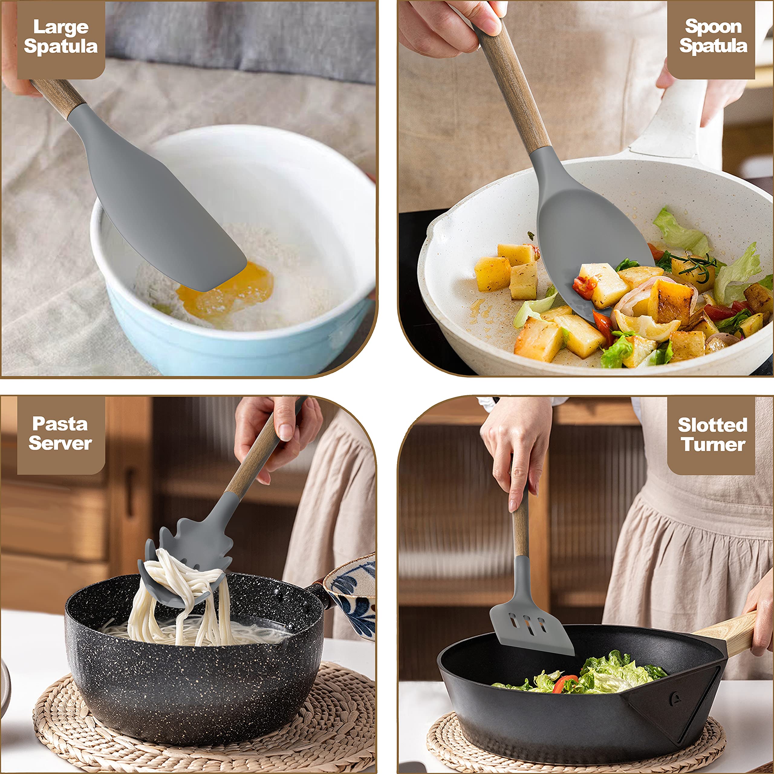 Silicone Kitchen Cooking Utensil Set  9Pcs Kitchen Utensils Spatula Set with Wooden Handle for Nonstick Cookware  446
