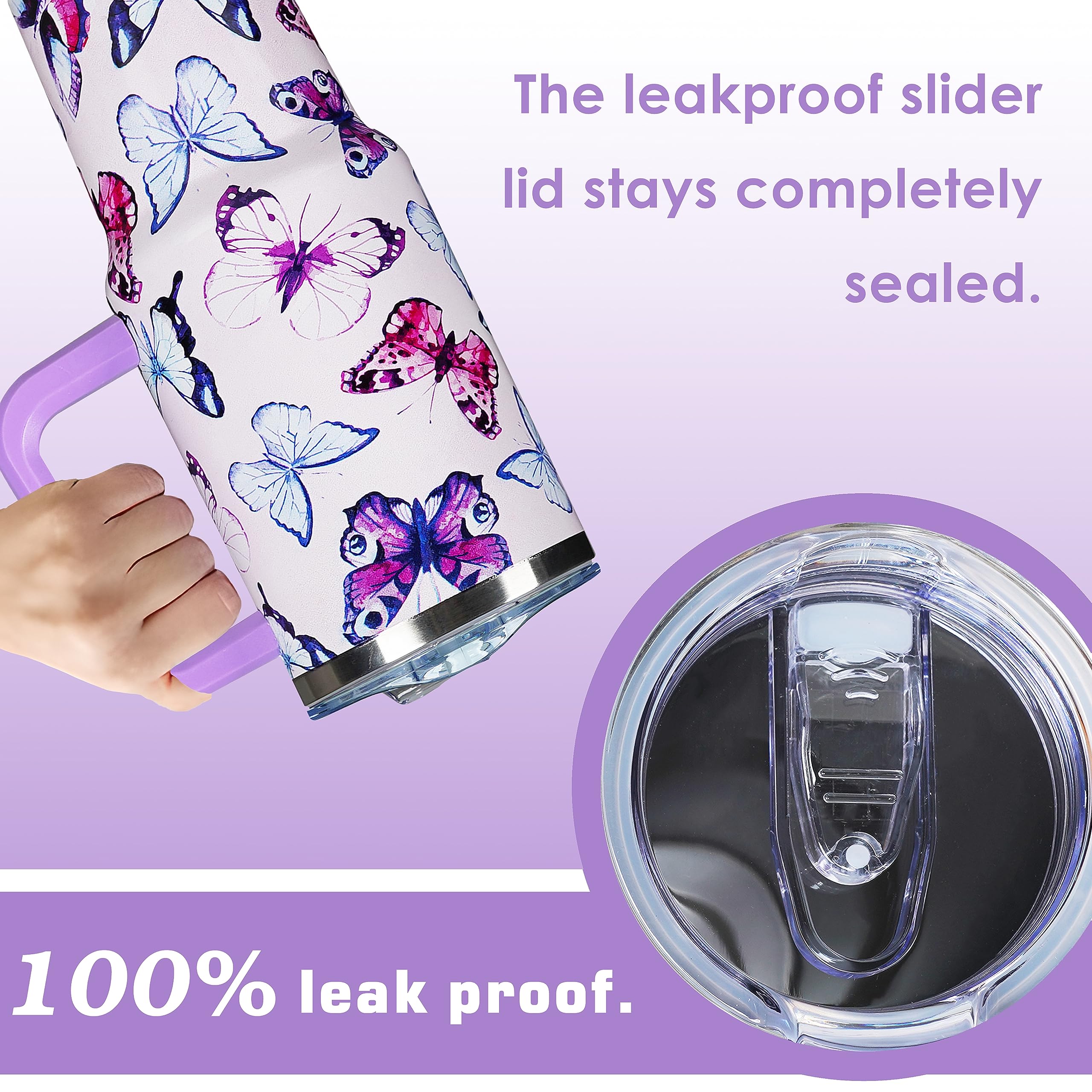 Omezin 40 Oz Stainless Steel Tumbler with Handle - Purple Butterfly, Double Insulated Travel Coffee Mug with Lid & Straw