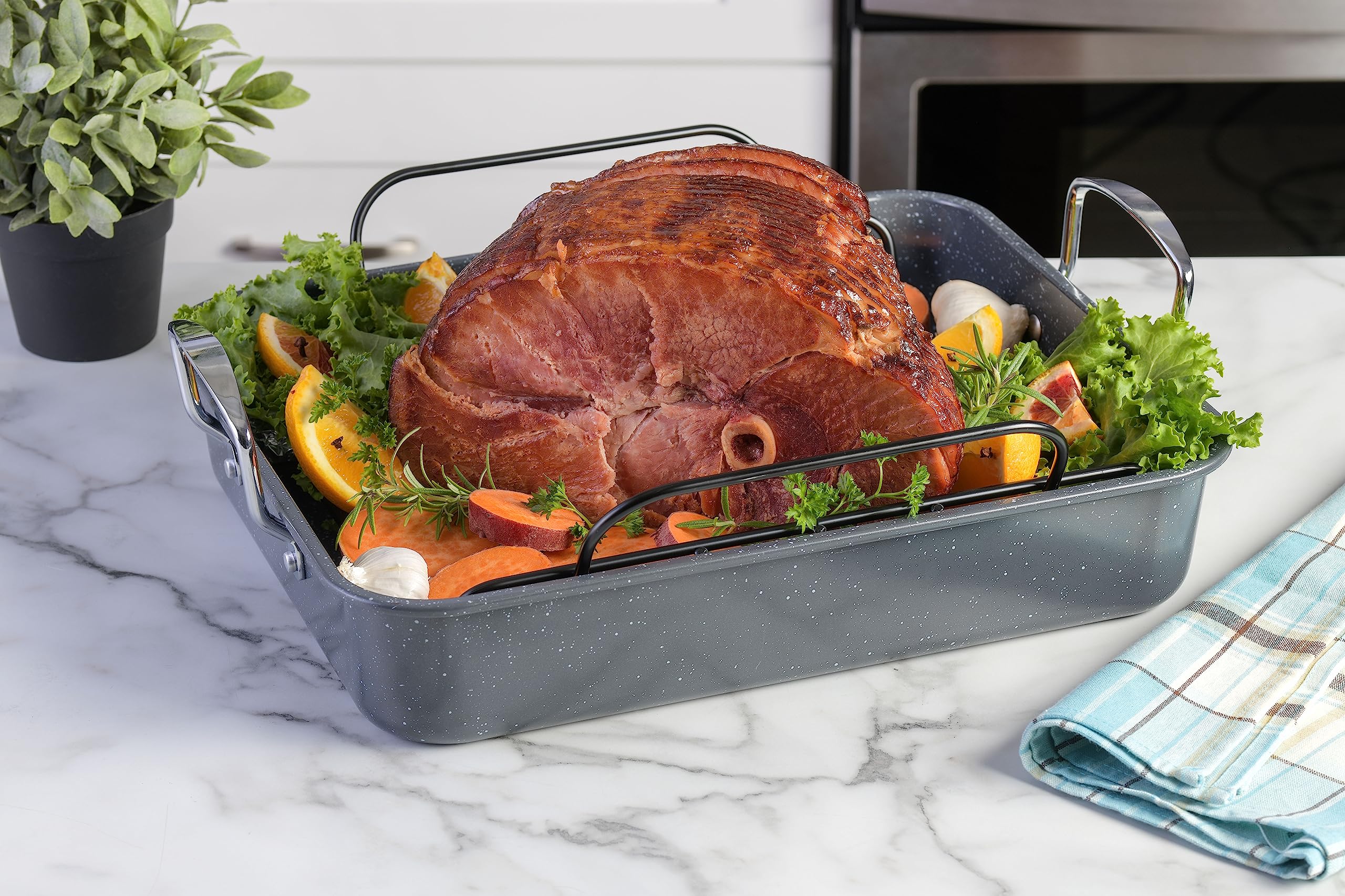 Kenmore Keaton Grey Speckle 16.5'' X 12.5'' X 3,2'' Carbon Steel Roaster W/Rack