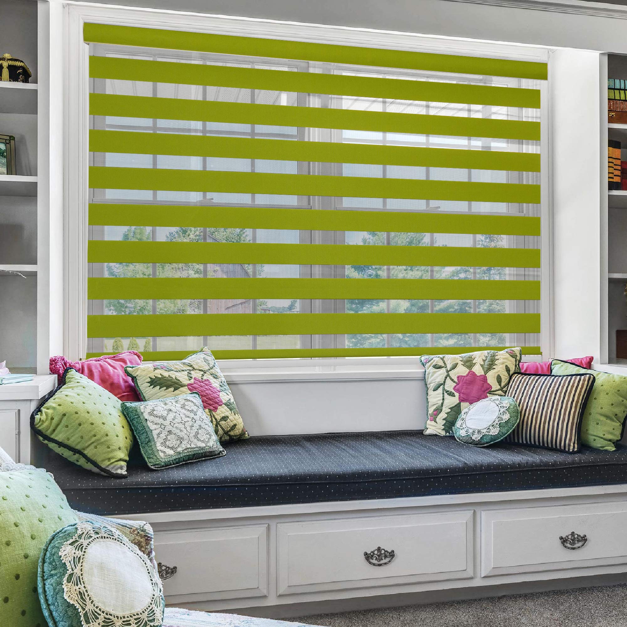 Zebra Blinds Polyester Curtain Blinds For Windows And Doors With Dual Shade, Horizontal Stripes, Sheer And Solid Fabric, Light C