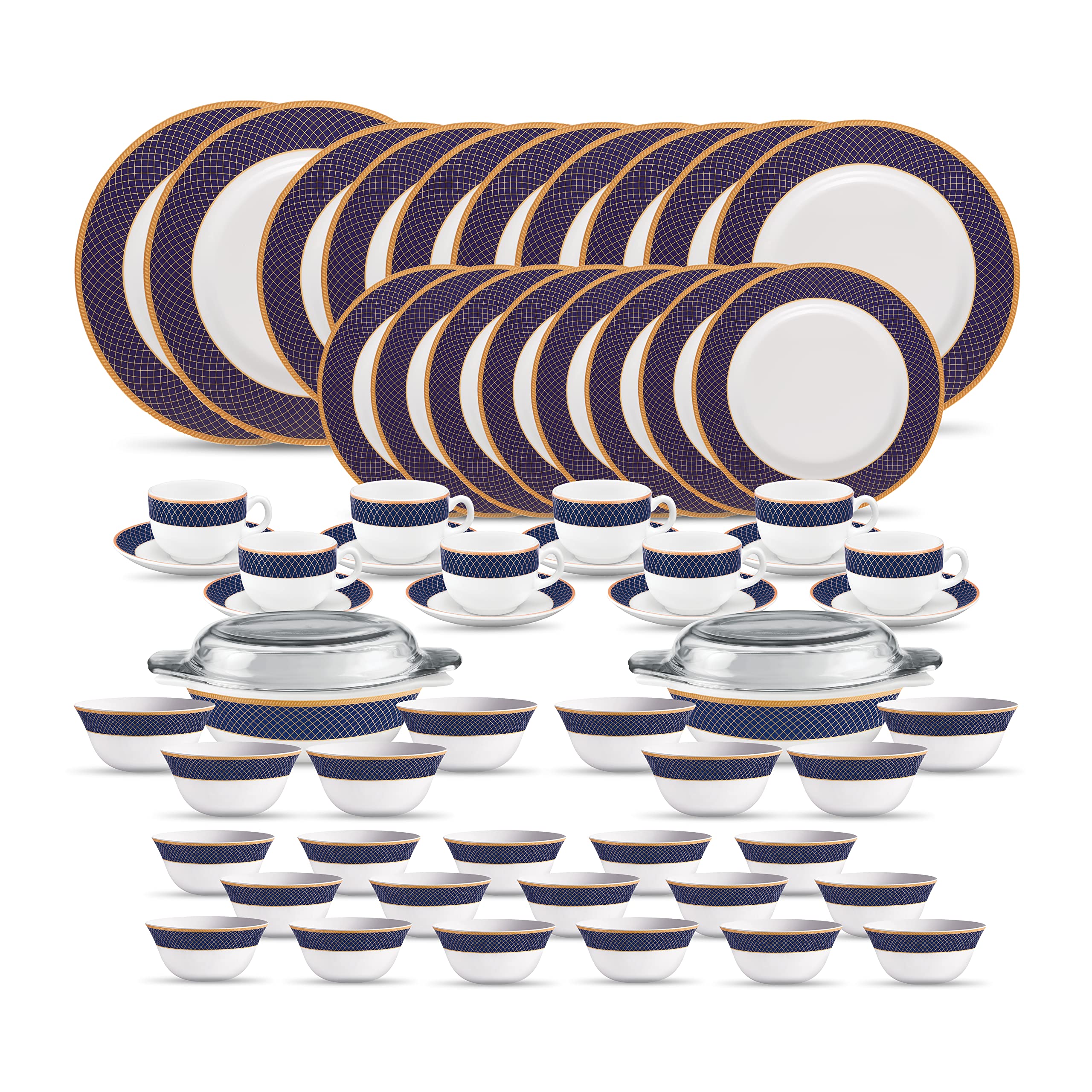 La Opala Diva Sovrana Collection Opal Glass Crockery | For Family Of 8 | Dinner Set 62 Pcs Regent Blue | Plates & Bowls For Dini