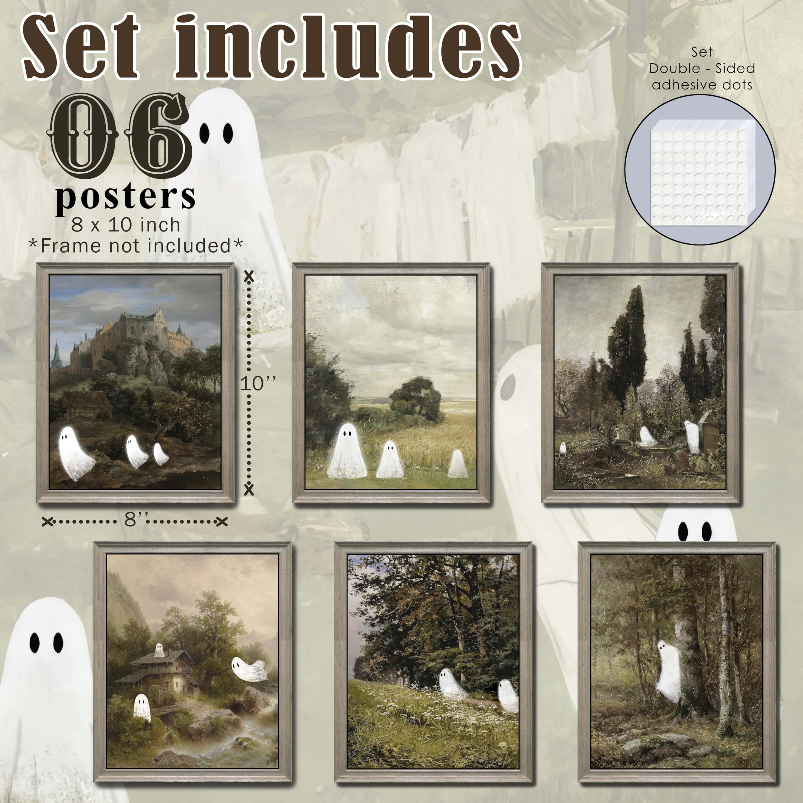 Lanchi95 6 Pcs 8X10In Halloween Decor, Ghost Decor, Halloween Wall Art Prints, Vintage Halloween Posters Decor, Cute Ghost Decor