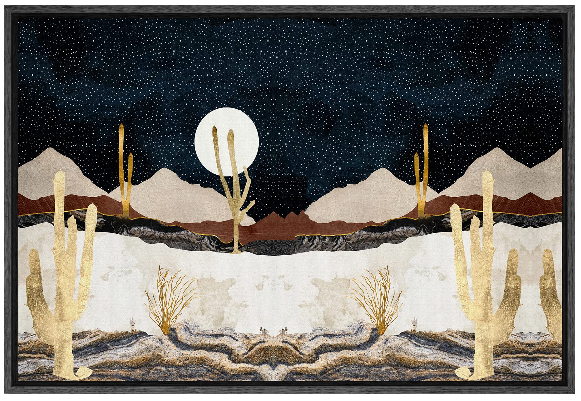 Signford Framed Canvas Print Wall Art Marble Effect Desert Landscape At Night Abstract Wilderness Illustrations Modern Art Rusti