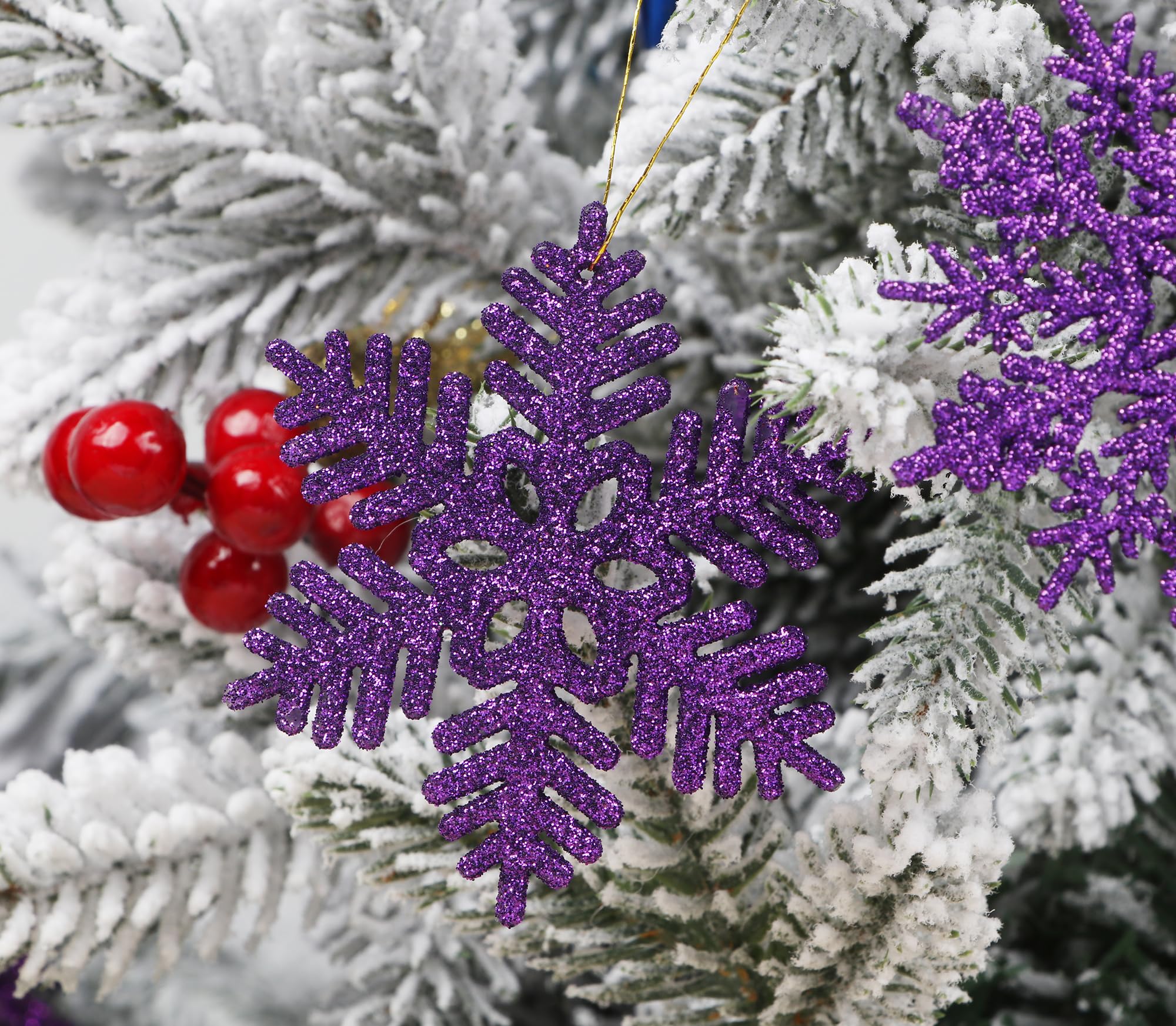 YYCRAFT 32pcs Glitter Snowflake Ornament for Christmas Tree Decoration-3 Inch,Purple