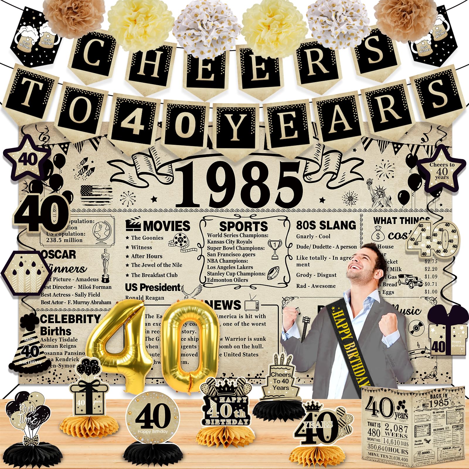 40Th Birthday Decorations For Men Women,24Pcs Back In 1985 Banner Decorations,Including Vintage Banner,6 Honeycomb Topper,Cheers