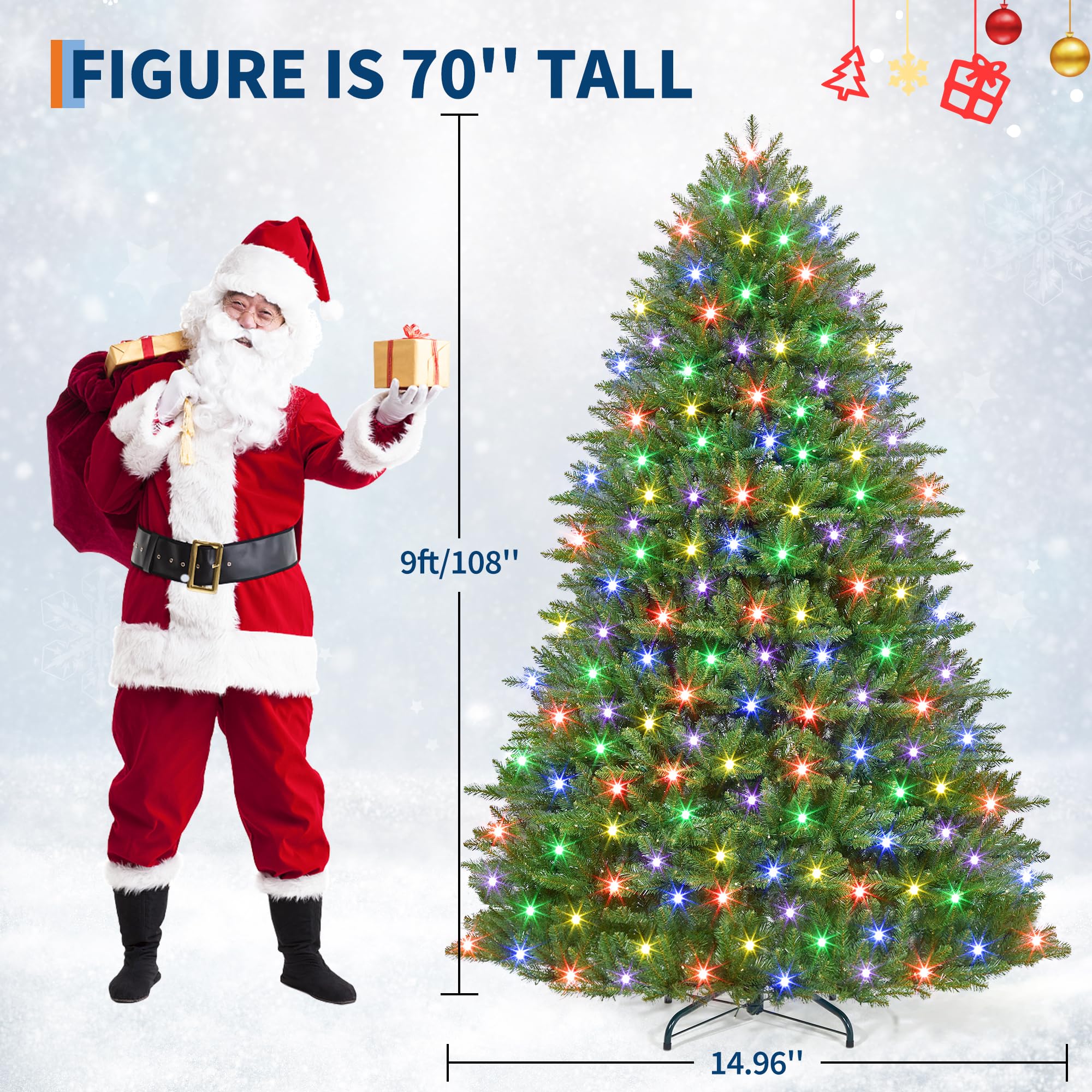 9FT Christmas Tree, Artificial Christmas Trees with 200 Lights, Prelit Christmas Tree with 8 Modes Lights, Foldable Stand, On/Of