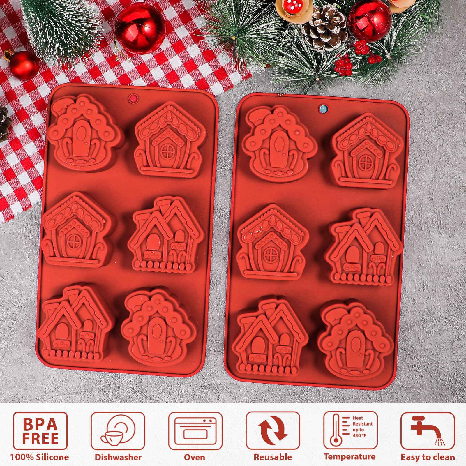 Webake Gingerbread House Cake Molds Silicone Christmas Village Gingerbread Mold 6-Cavity, Perfect For Cake, Soap (Pack Of 2)