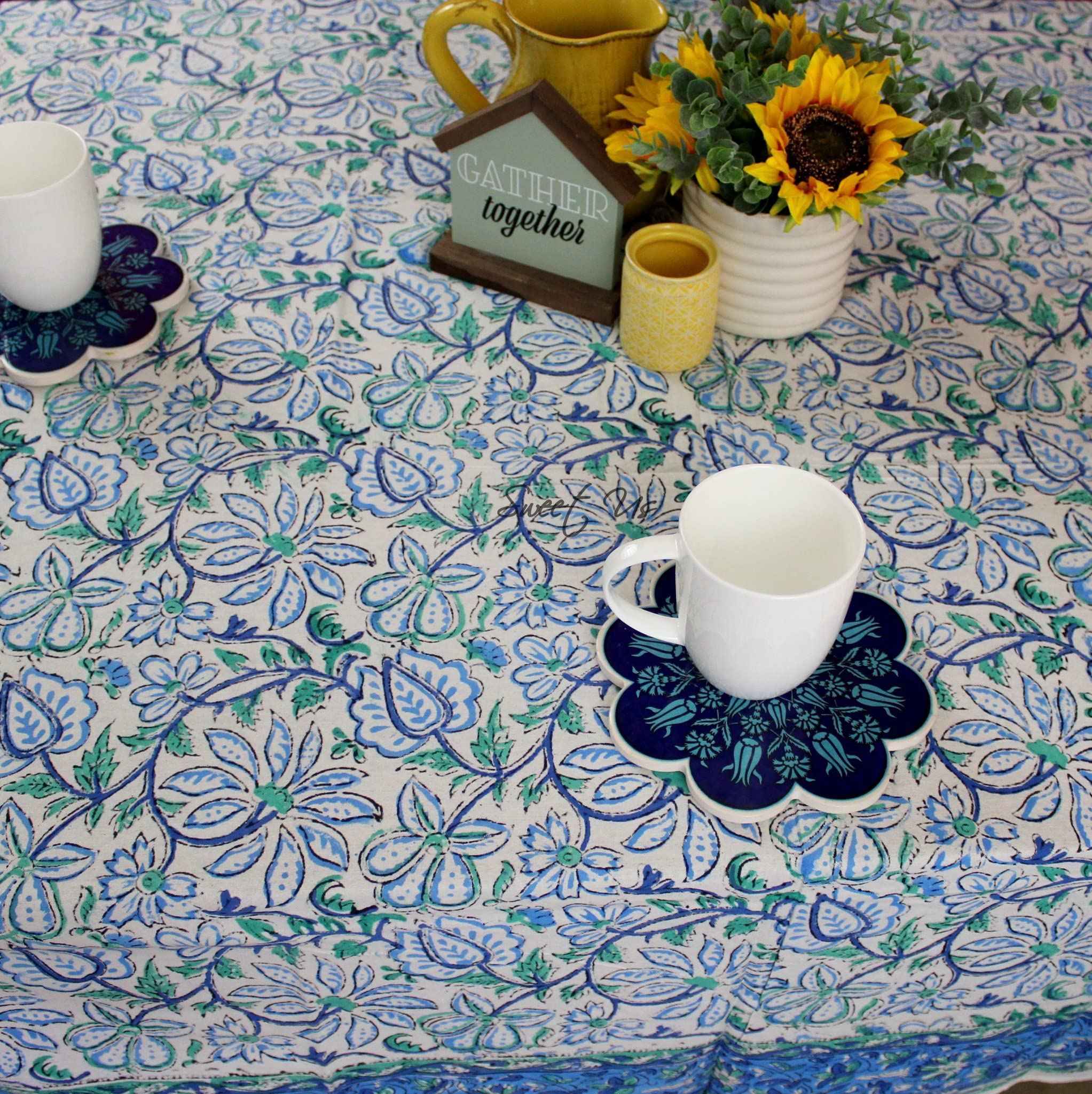 Sweet Us Venetia Block Print Tablecloth For Square Tables 70X70 And One Gray Napkin, Floral Cotton Kitchen, Dining Linen, Blue G