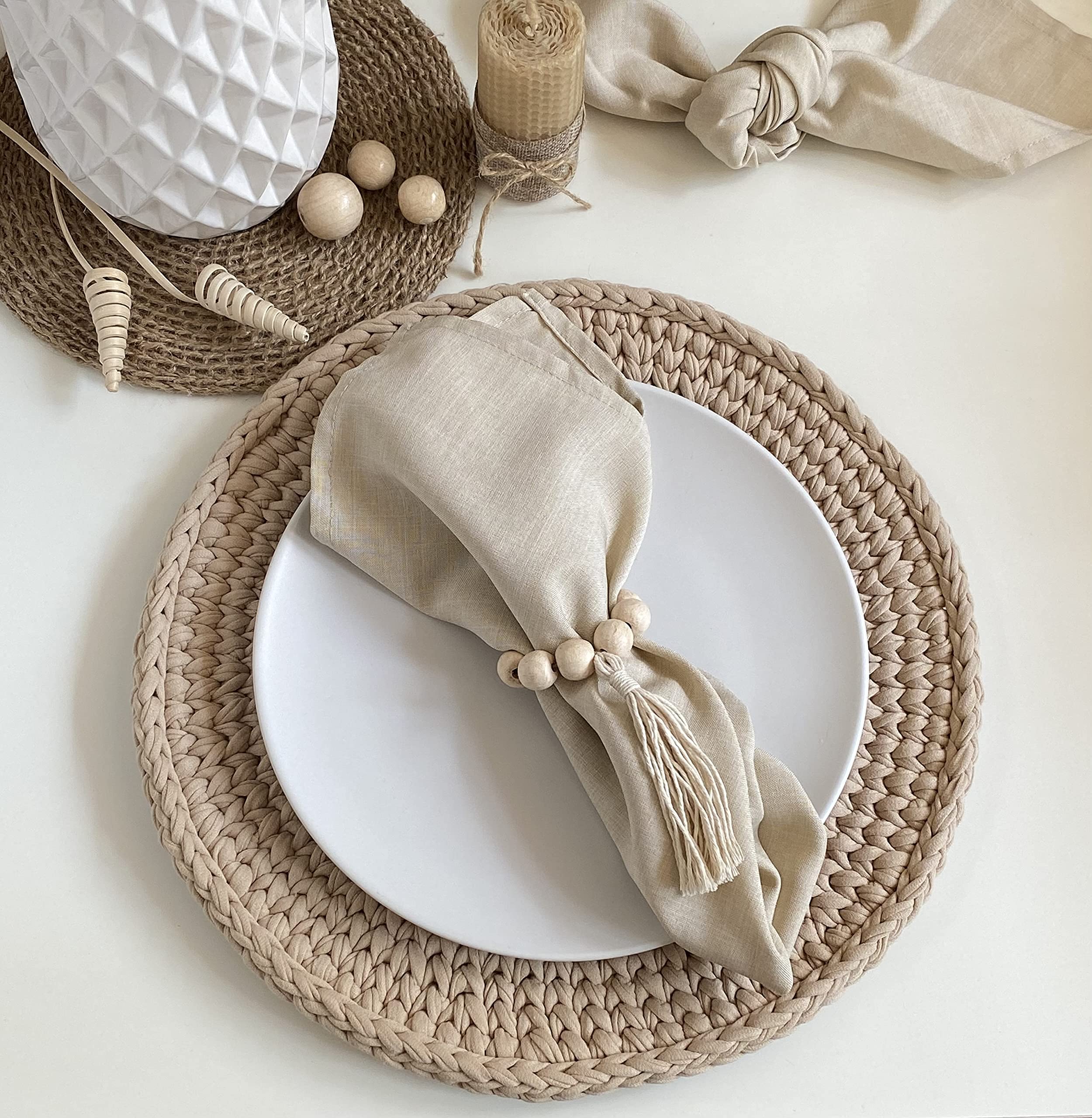 LEBEJUA Handmade Napkin Ring with Wood Beads & Jute Twine - Affordable Rustic Wooden Napkin Ring Holder for Table Decoration  Boho Style Farmhouse Napkin Rings  Napkin Rings Set of 6