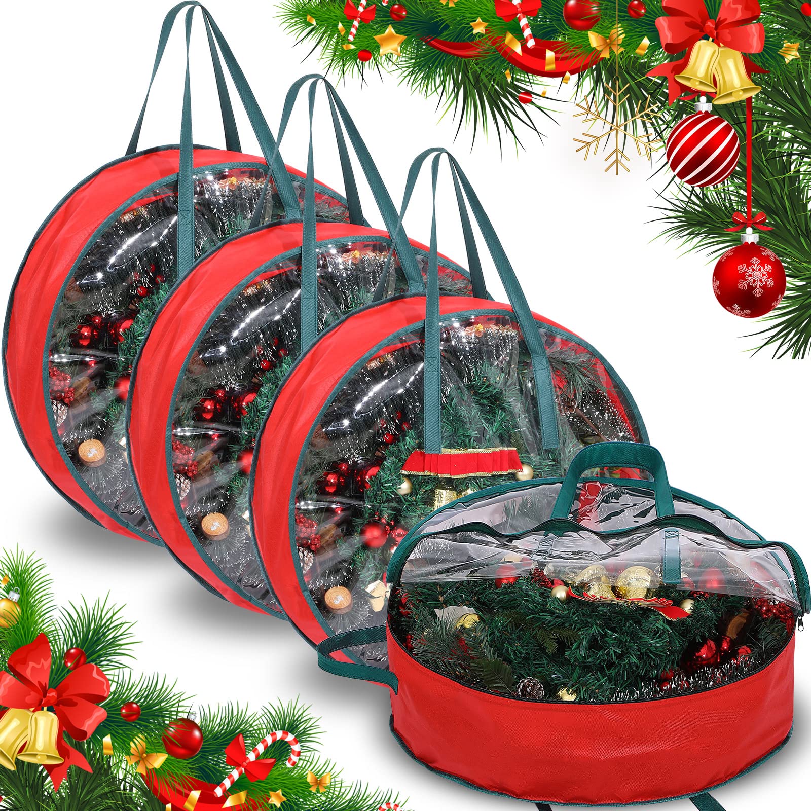 Shappy 4 Pcs Christmas Wreath Storage Bag Wreath Storage Container With Clear Window Plaid Wreath Storage Box With Handles For S