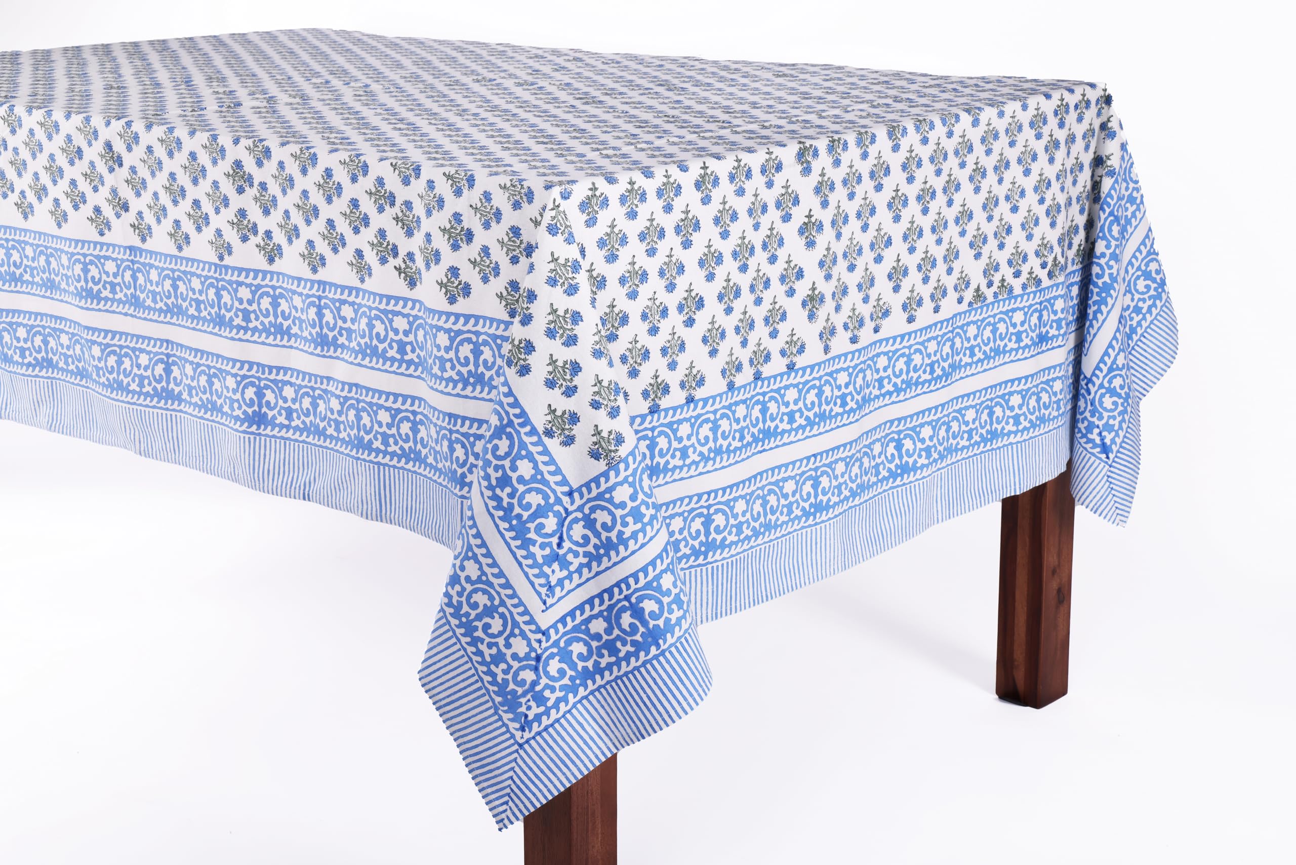 ATOSII Gulbahar Blue 100% Cotton Fall Rectangle Tablecloth, Hand Block Print Washable Table Cover, Christmas Parties Buffet Dini