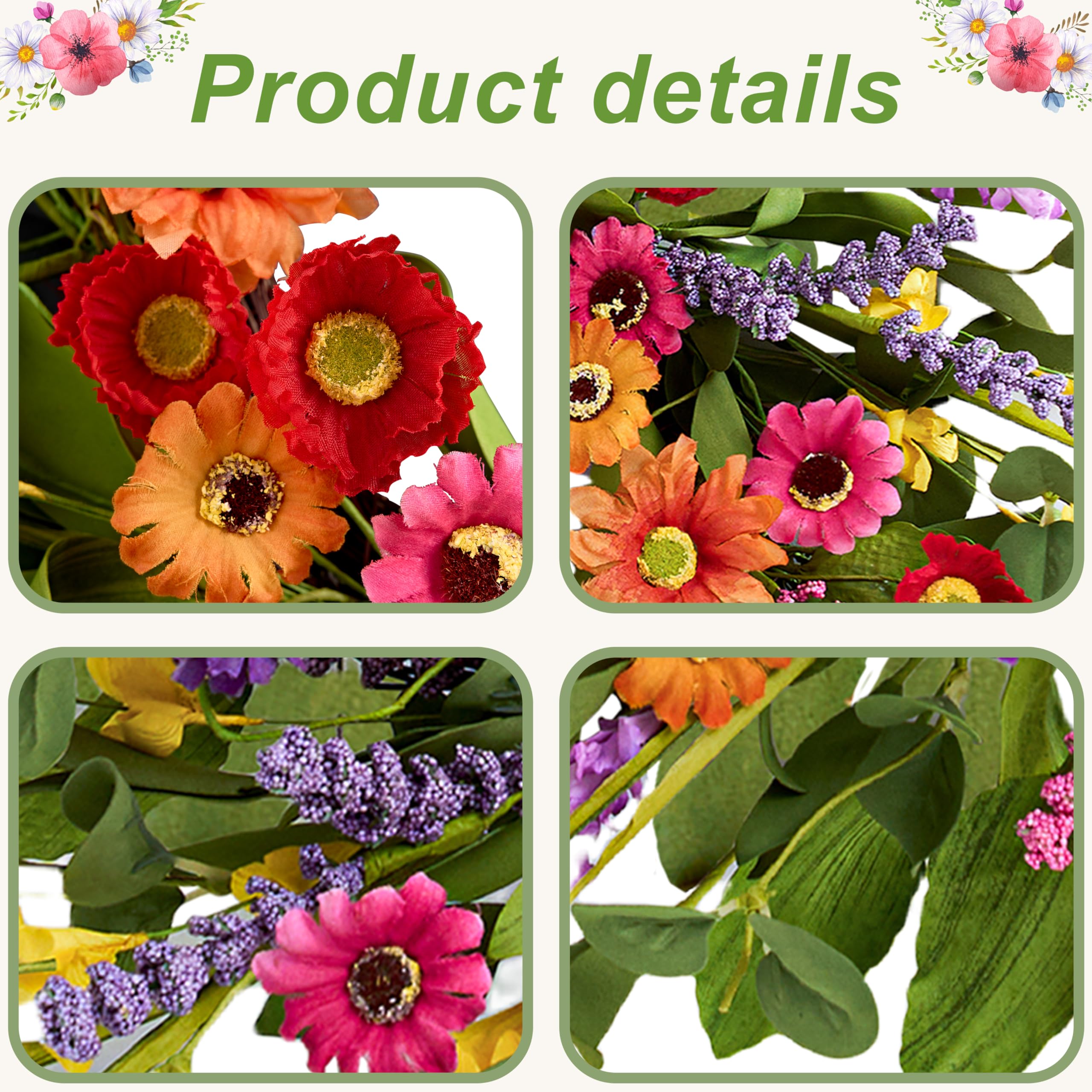 WSTPUPU Artificial Spring Wreath 22 Inch Summer Wreaths for Front Door with Green Eucalyptus Leaves Pink Daisy Lavender Spring D