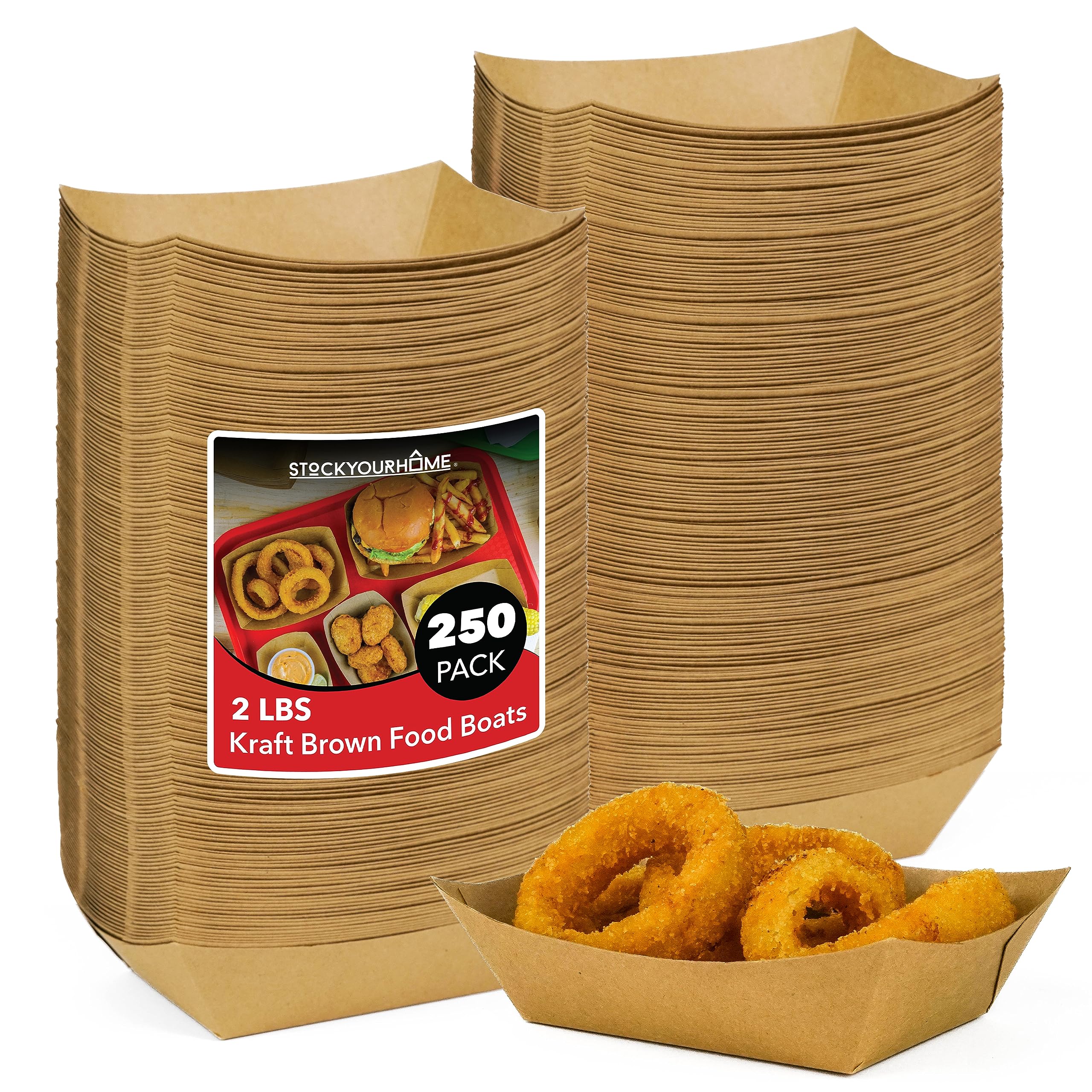 [250 Pack] Large Disposable Brown Kraft Paper Food Trays, 2-Lb Concession Tray, Serving Boats for Party Snacks, Taco Bar, Seafoo