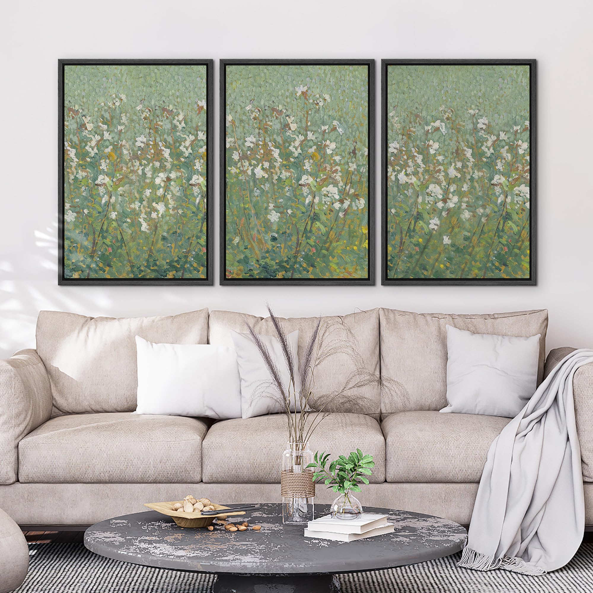 Wall26 Framed Canvas Print Wall Art Set Emerald Green Monet White Flower Field Nature Wilderness Illustrations Modern Art Decora