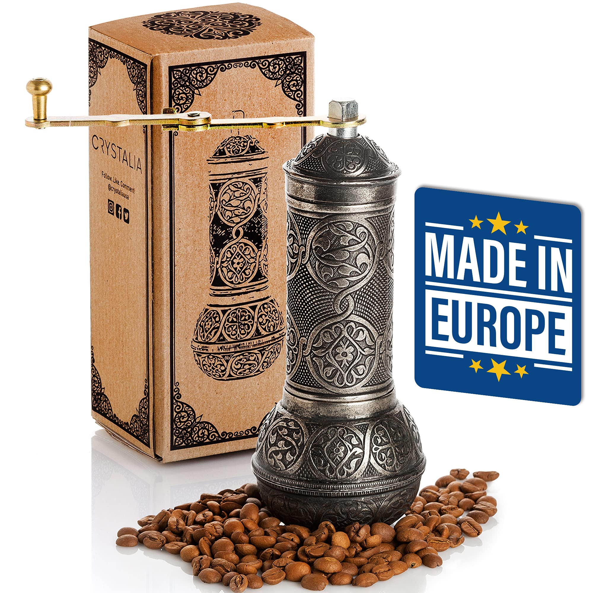 Crystalia Refillable Coffee Grinder, Authentic Manual Mill With Adjustable Grinder, Metal Coffee Mill With Handle, Antique Coffe