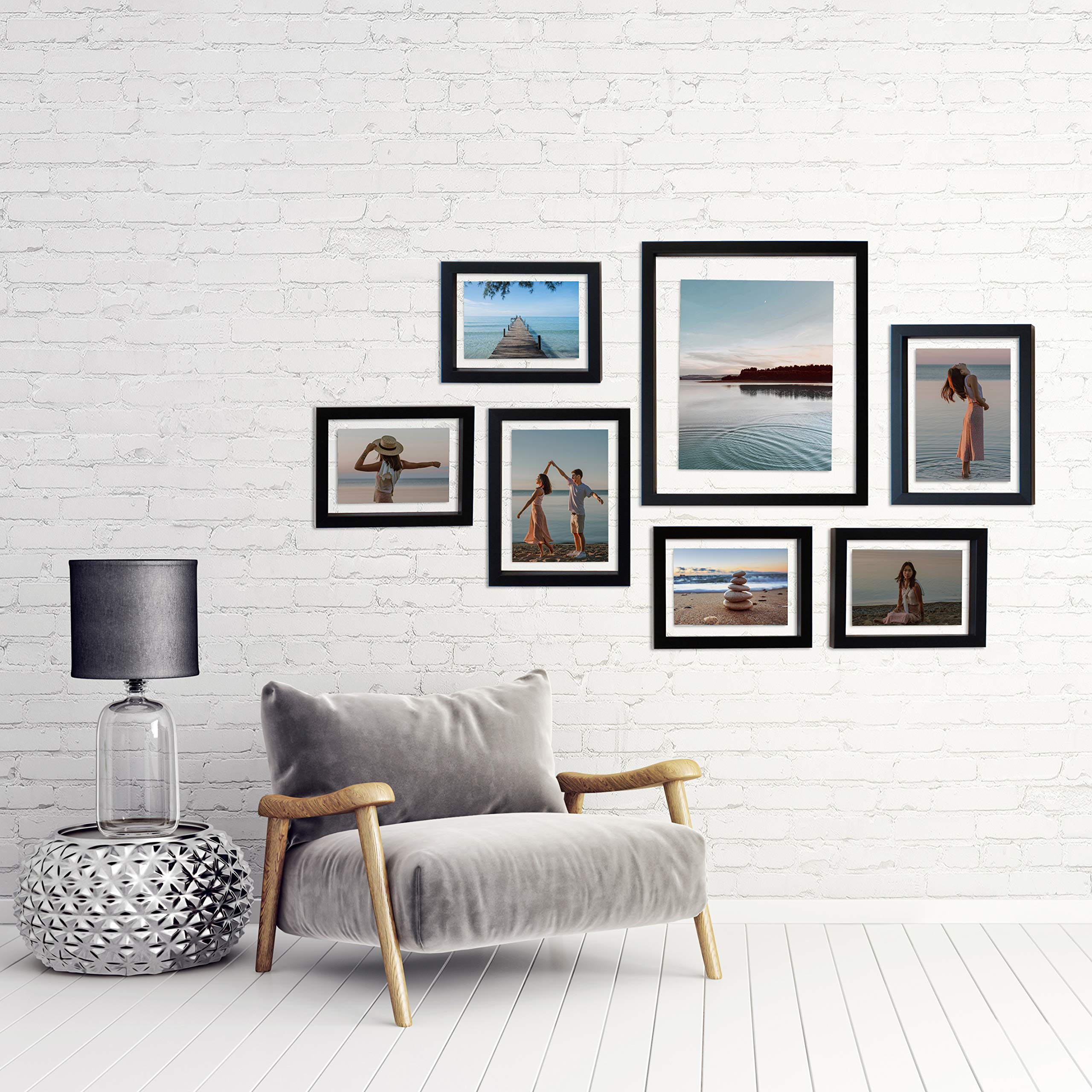 Mimosa Moments Gallery Wall Frame Set For Floating Pictures, Good For One 8X10, Two 5X7 And Four 4X6 Photos (Black, Set Of 7)